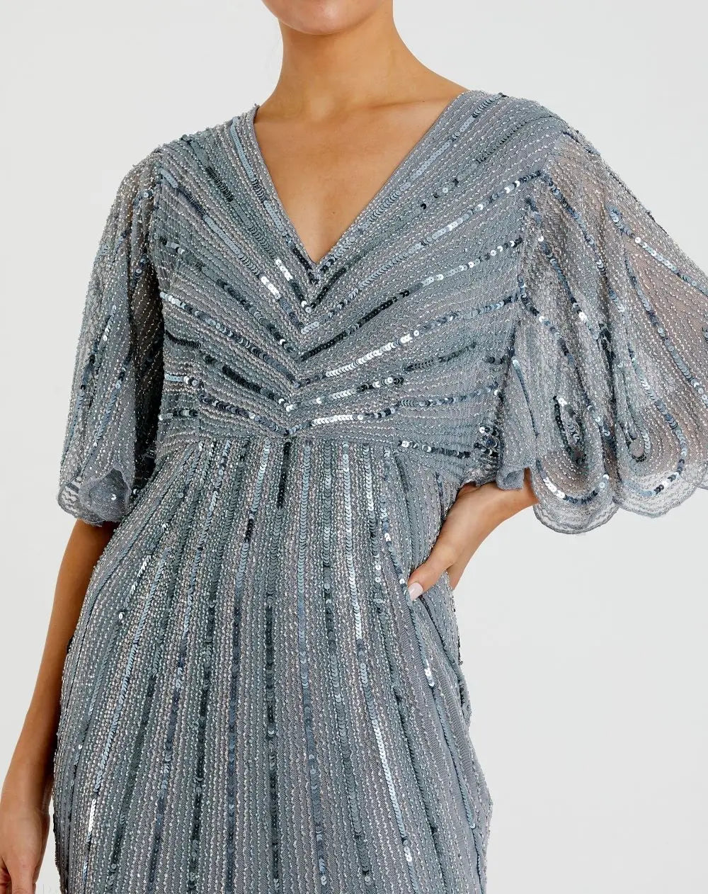 Blue Sequined V Neck Cape Sleeve Gown | Mac Duggal Blue Sequined V Neck Cape Sleeve Gown | Mac Duggal