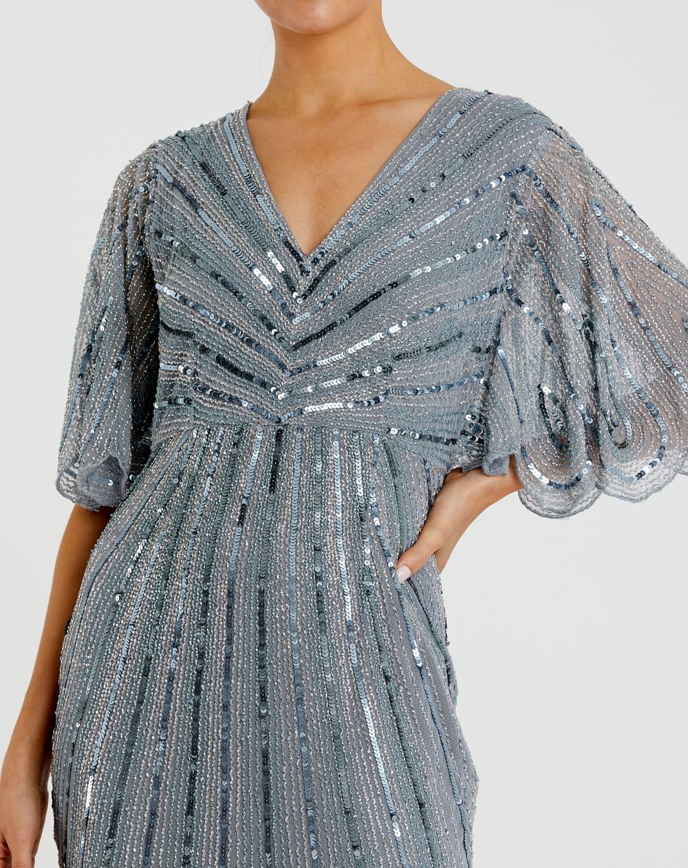 Sequined V Neck Cape Sleeve Column Gown