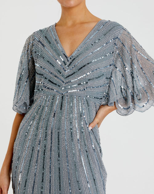 Blue Sequined V Neck Cape Sleeve Column Gown