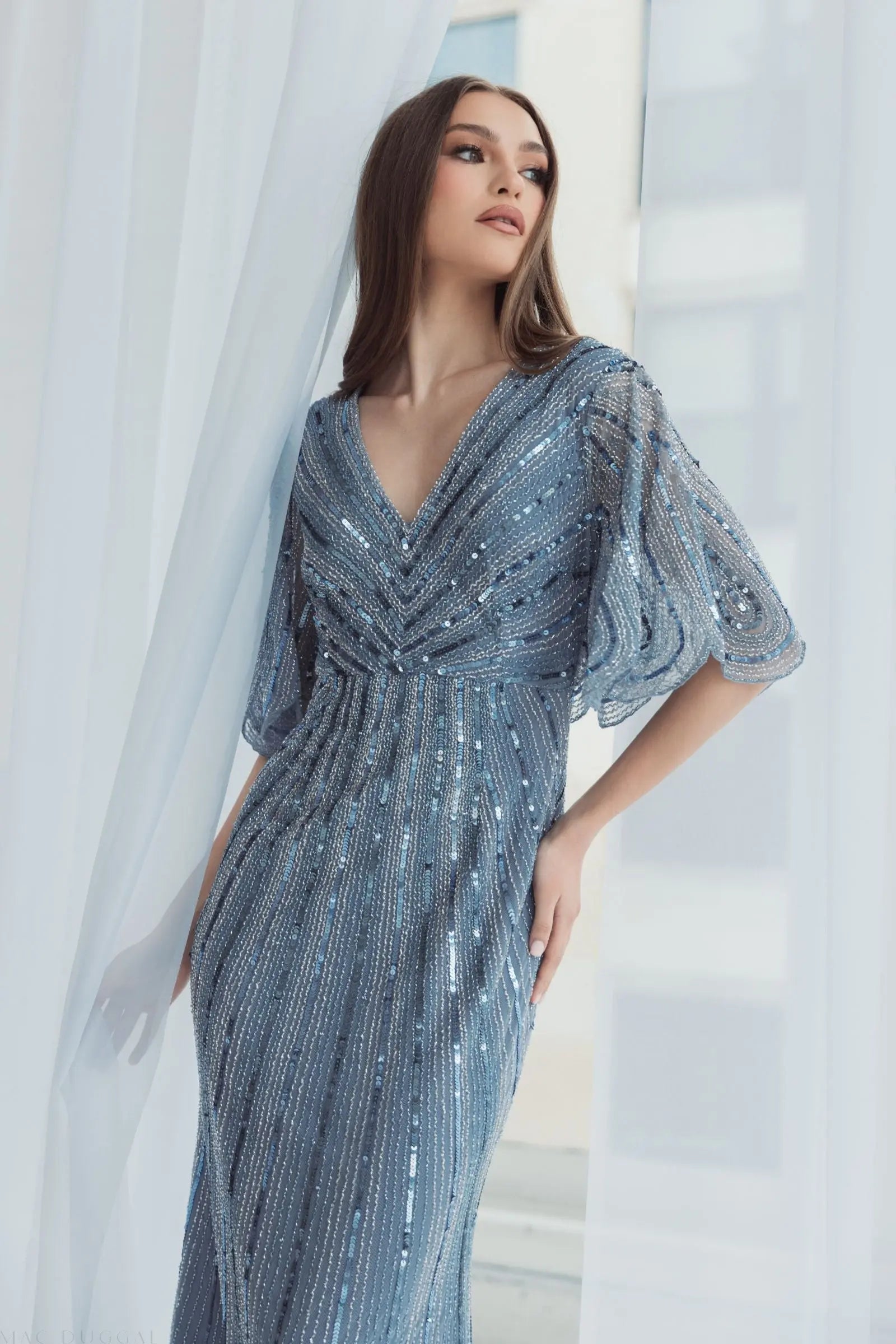 Blue Sequined V Neck Cape Sleeve Gown - Mac Duggal