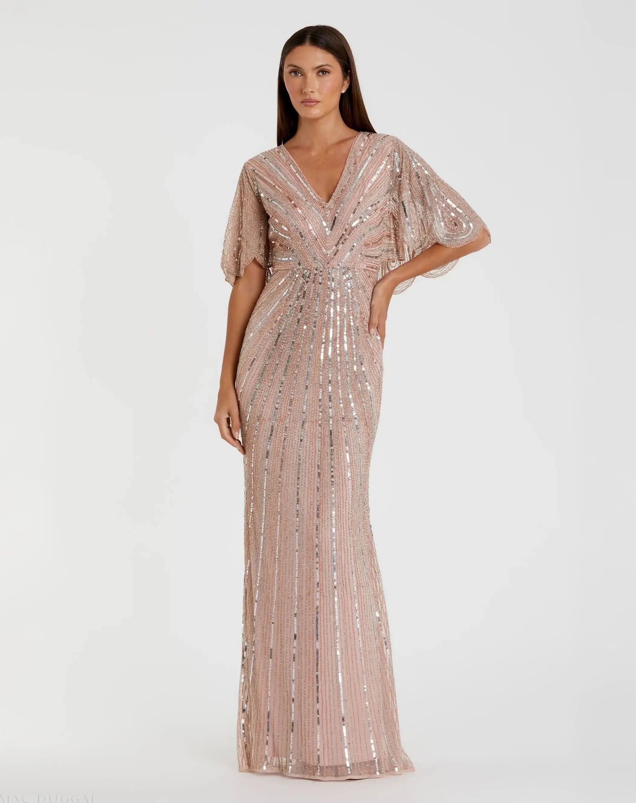 Pink Sequined V Neck Cape Sleeve Column Gown - Mac Duggal