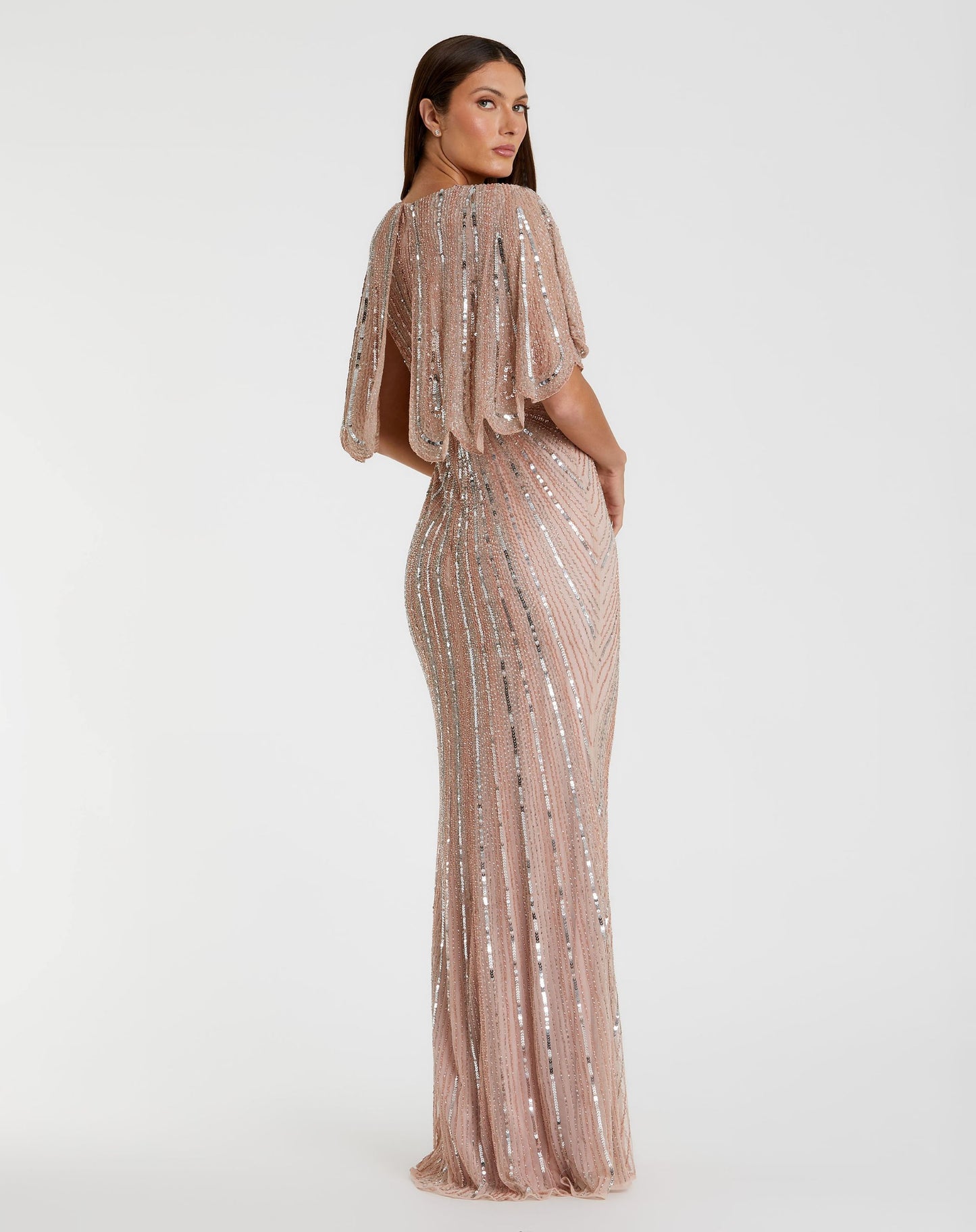 Sequined V Neck Cape Sleeve Column Gown