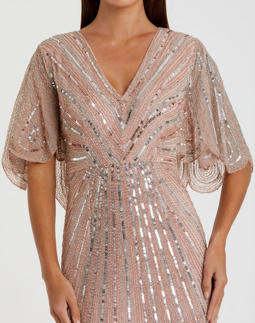 Sequined V Neck Cape Sleeve Column Gown