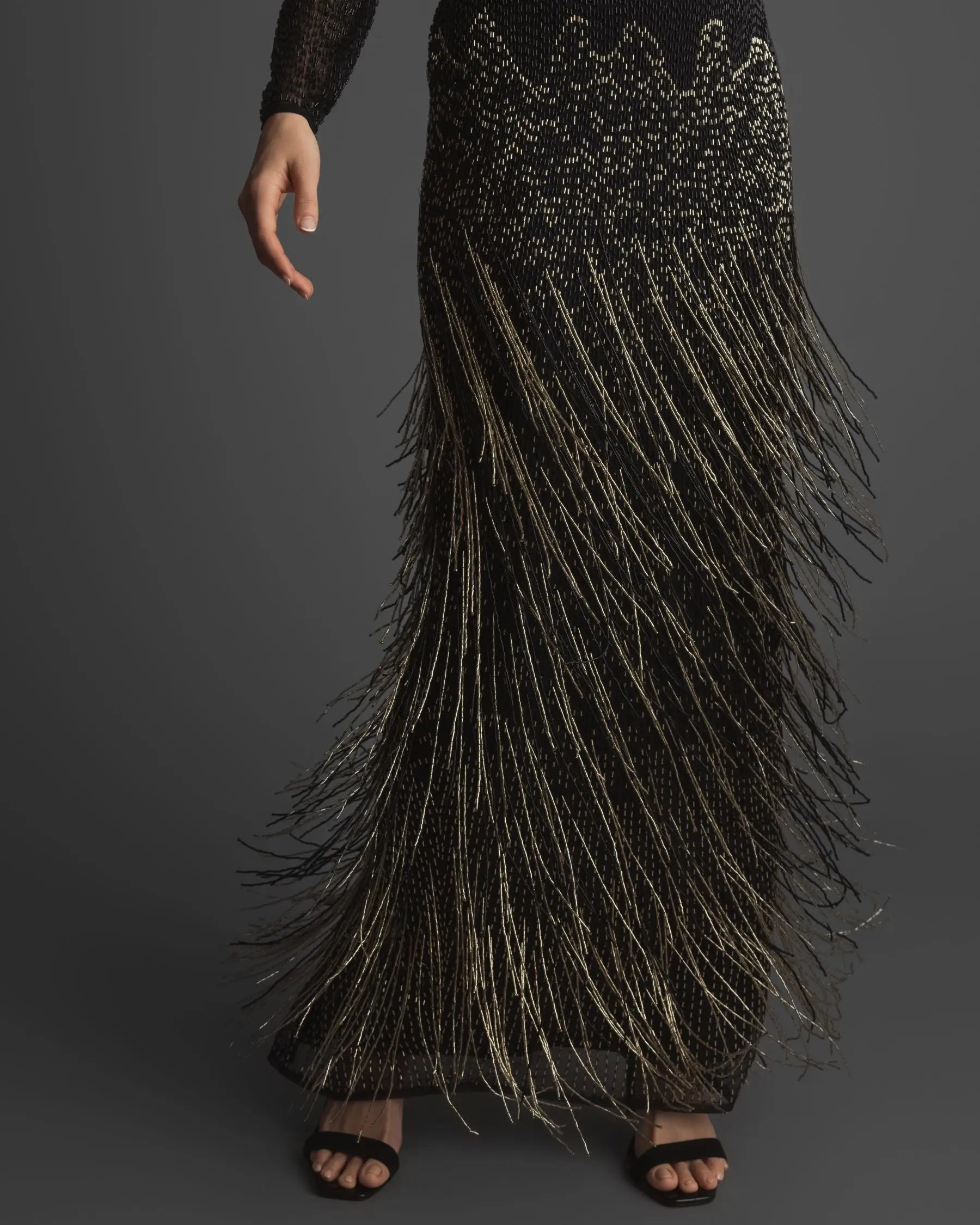 Black Long Sleeve Beaded Fringe Evening Gown - Mac Duggal