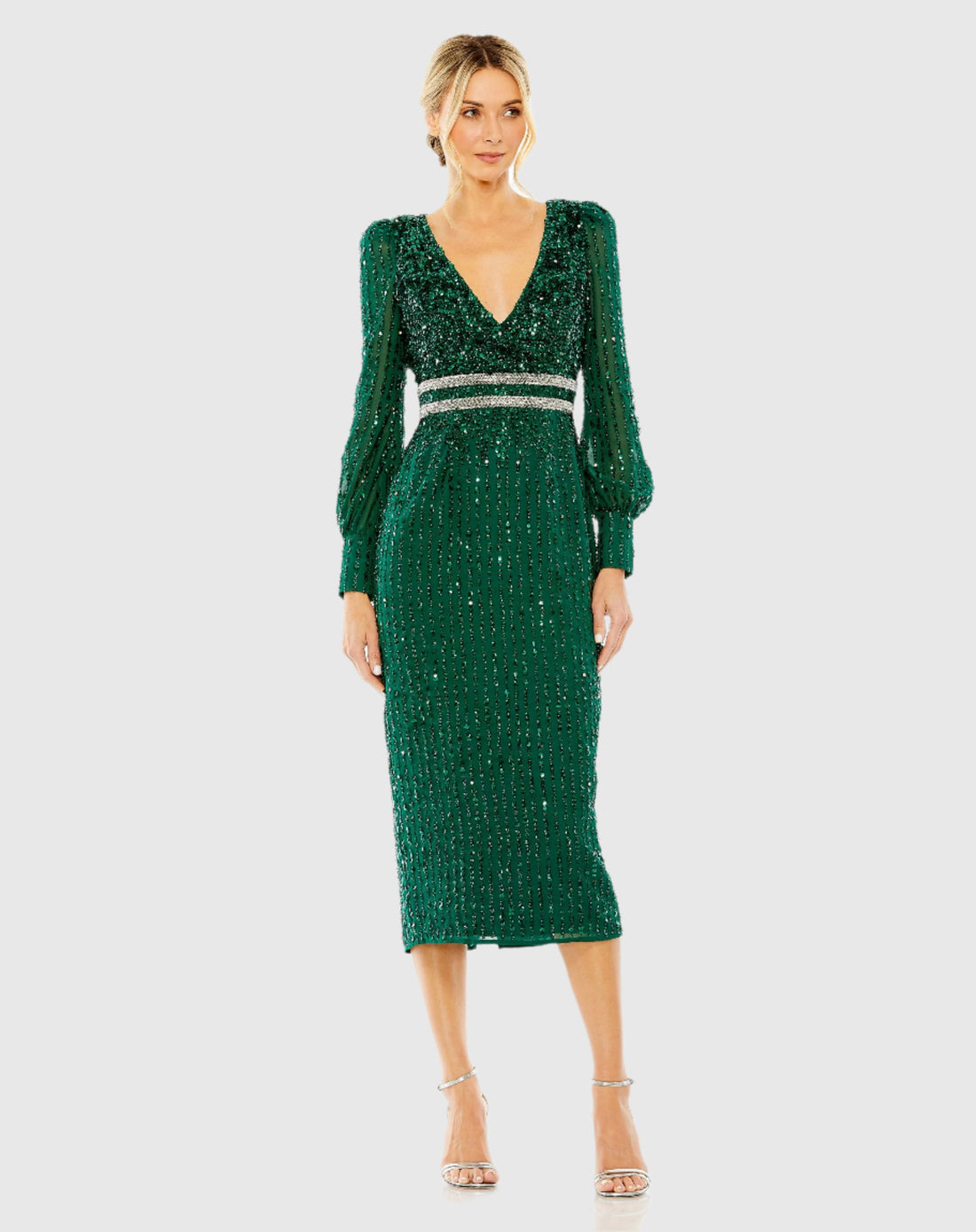 Sequined V Neck Bishop Sleeve Dress