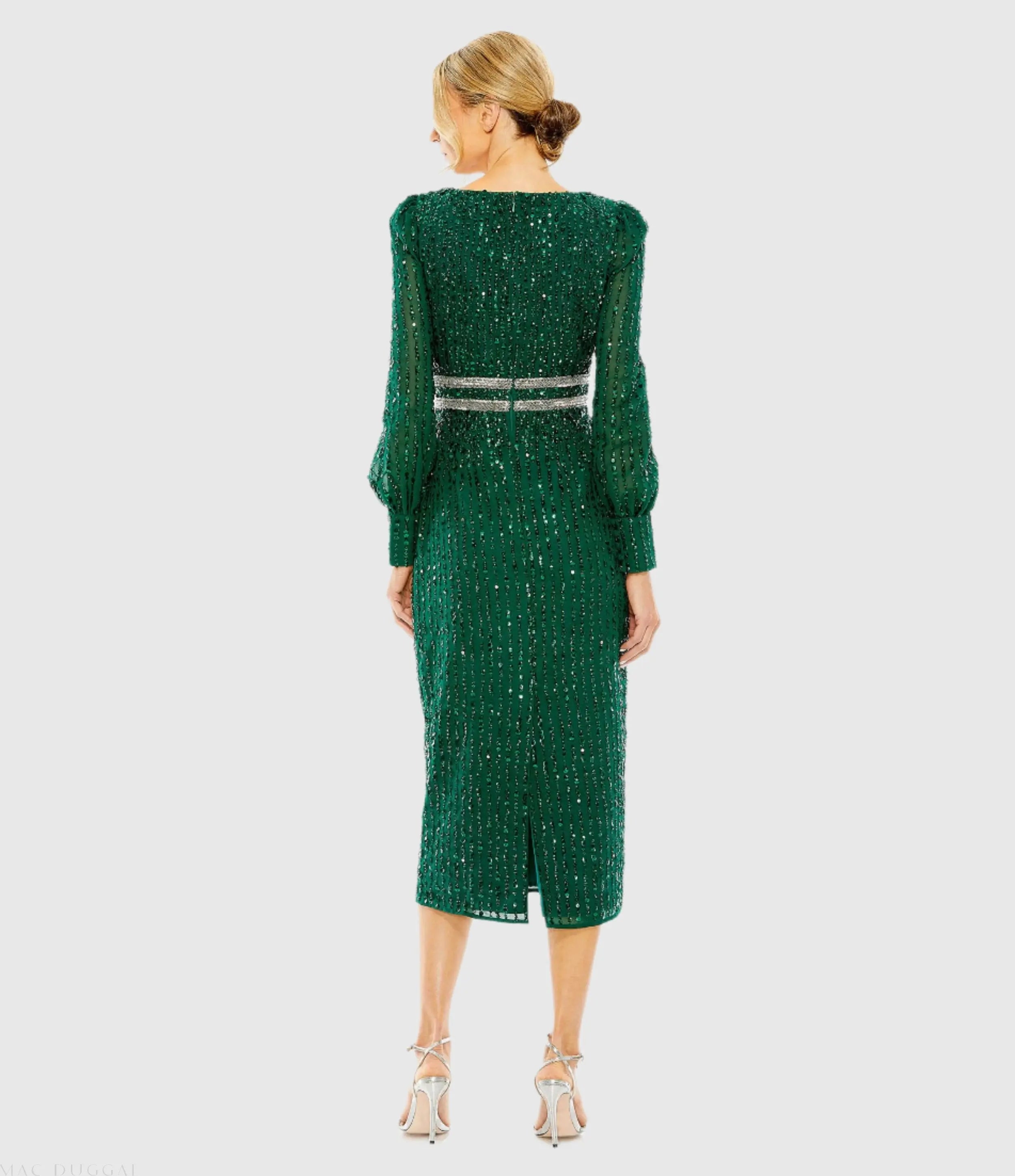 Green Sequined V Neck Bishop Sleeve Dress - Mac Duggal