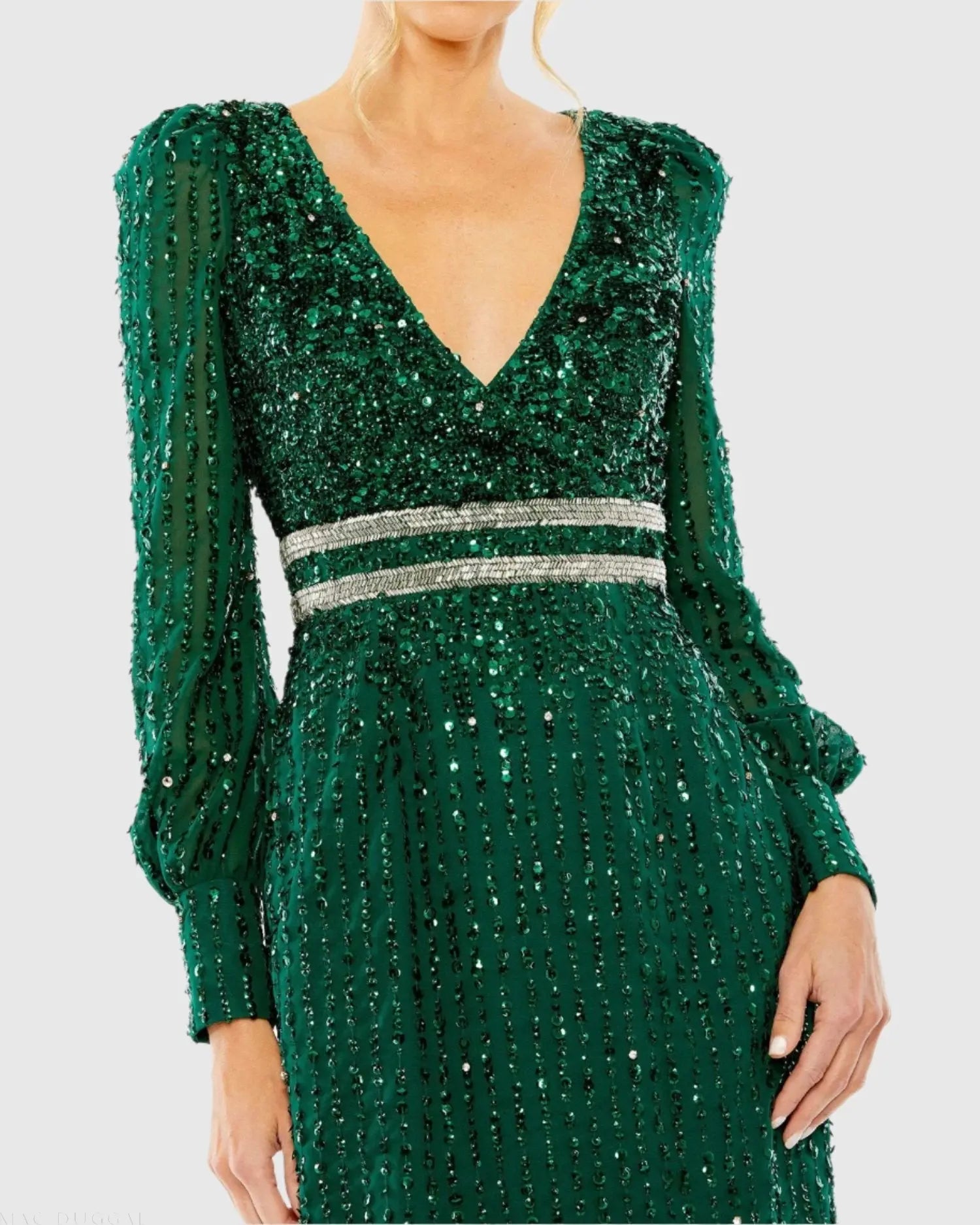 Green Sequined V Neck Bishop Sleeve Dress - Mac Duggal
