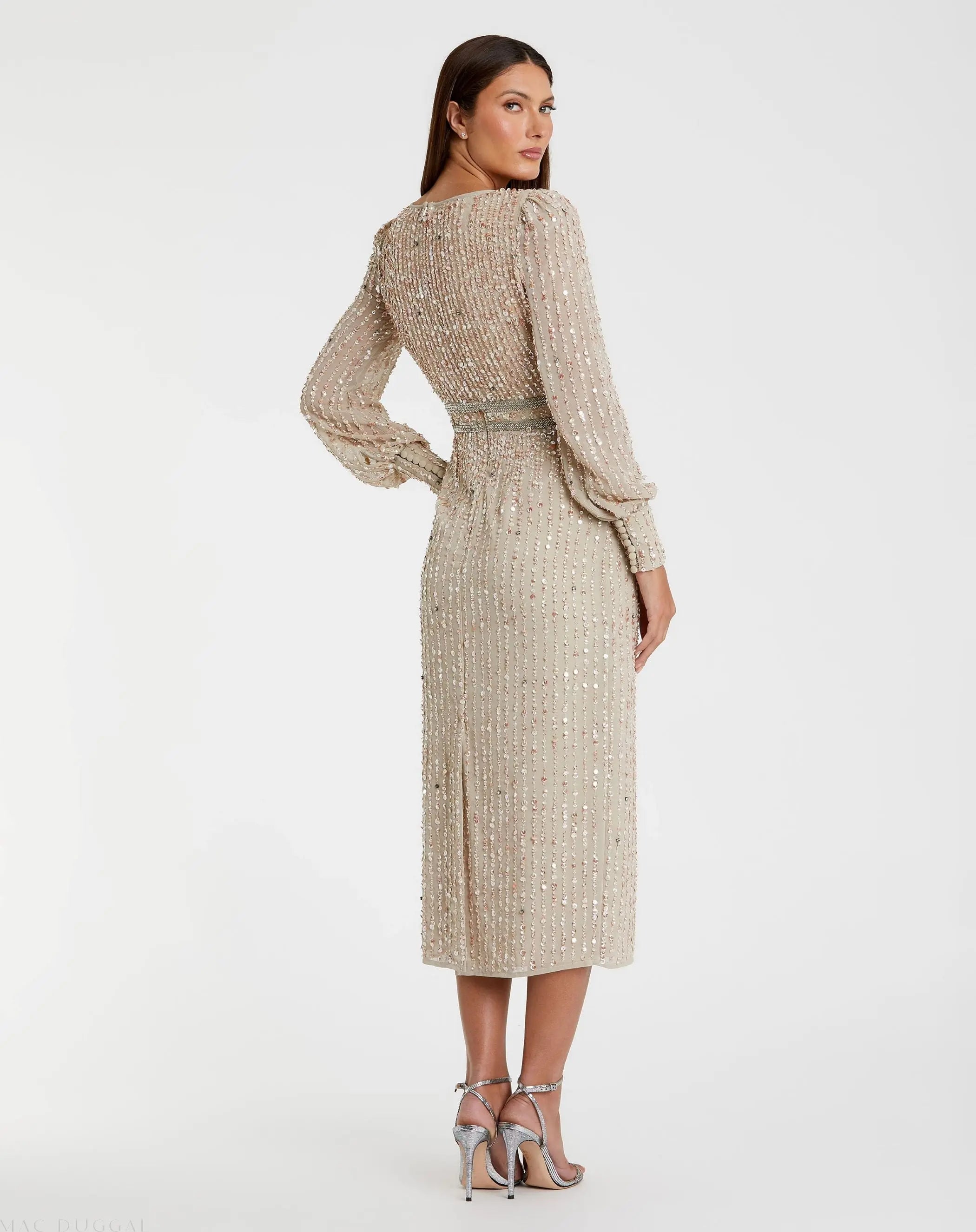 Beige Sequined V Neck Bishop Sleeve Dress - Mac Duggal