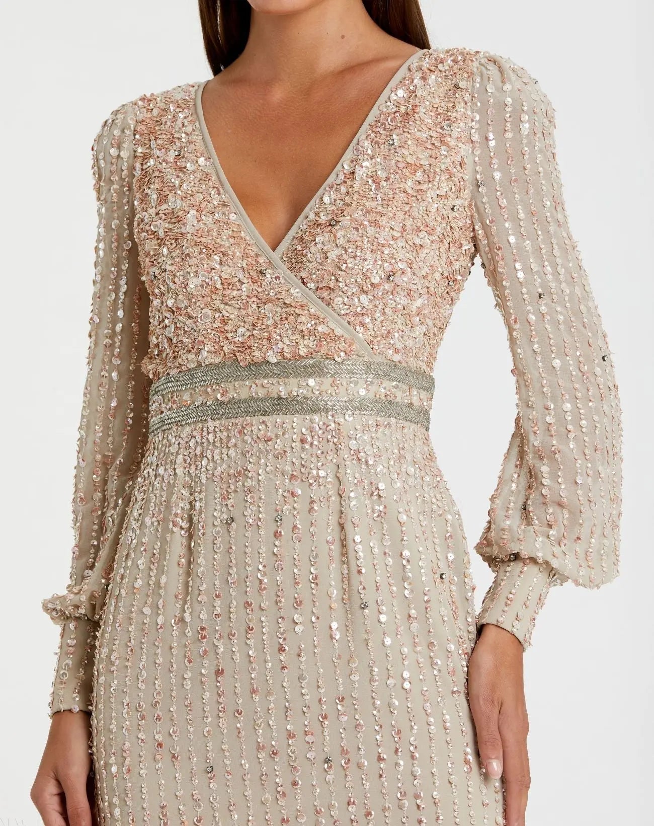 Beige Sequined V Neck Bishop Sleeve Dress - Mac Duggal