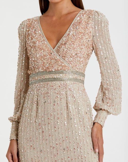 Sequined V Neck Bishop Sleeve Dress