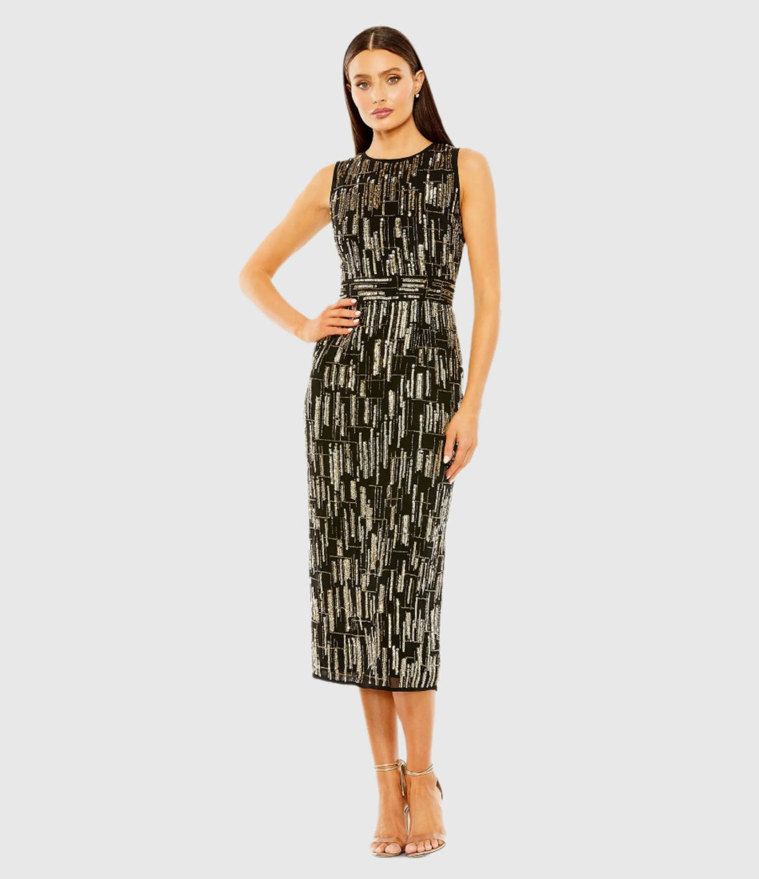 Abstract Beaded Sleeveless Midi Dress - Mac Duggal Black Gold / US 14 Abstract Beaded Sleeveless Midi Dress - Mac Duggal Black Gold / US 14
