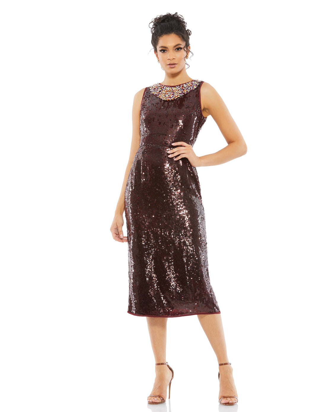 Sequined Beaded Neckline Sleeveless Midi Dress | Sample | Sz. 4