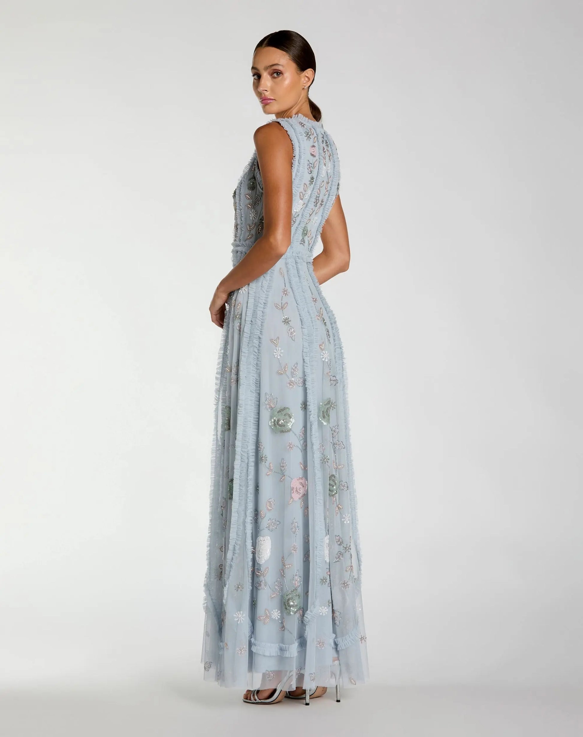 Blue Floral Mesh Sleeveless A Line Micro Ruffle Gown | Mac Duggal Blue Floral Mesh Sleeveless A Line Micro Ruffle Gown | Mac Duggal