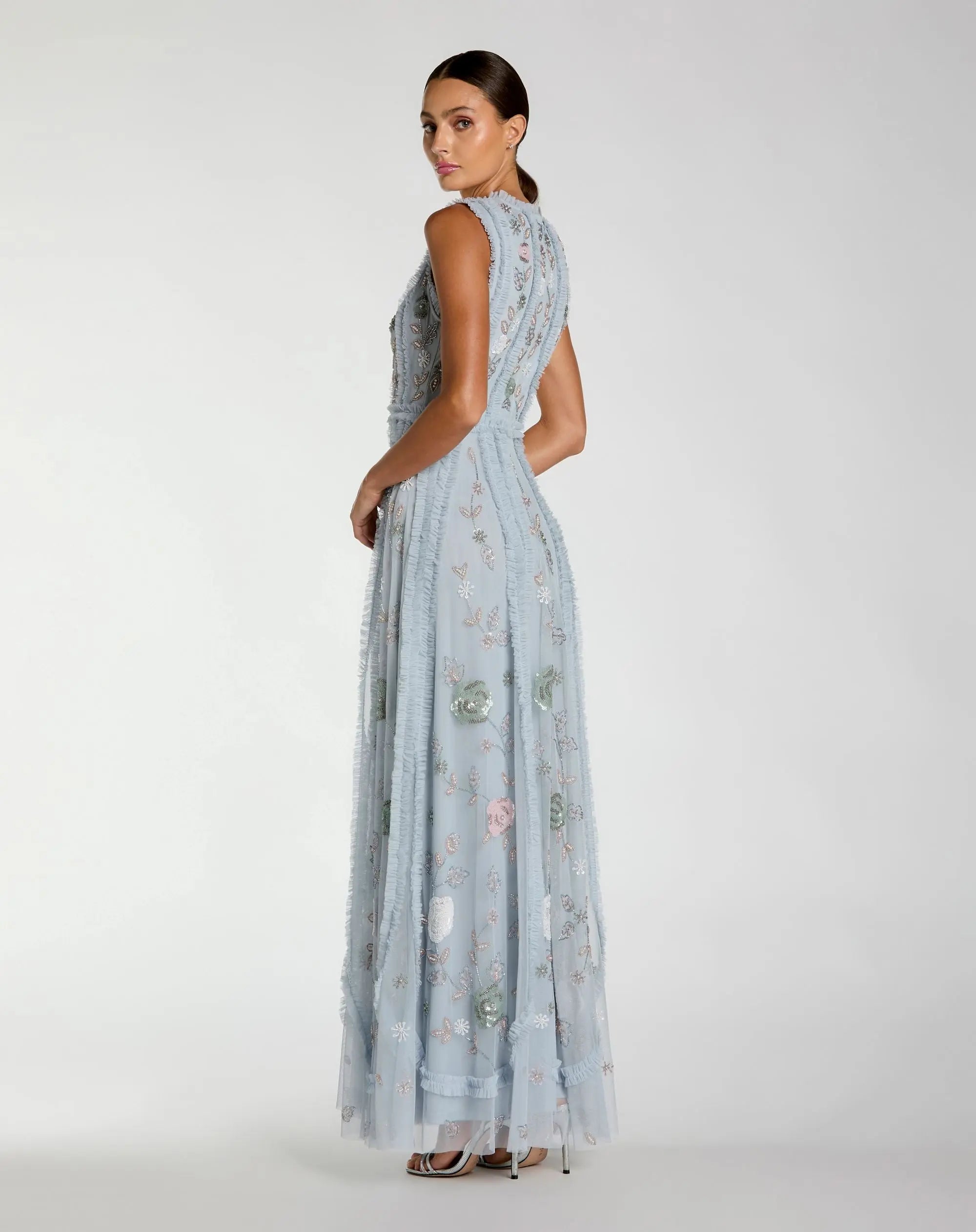 Blue Floral Mesh Sleeveless A Line Micro Ruffle Gown - Mac Duggal