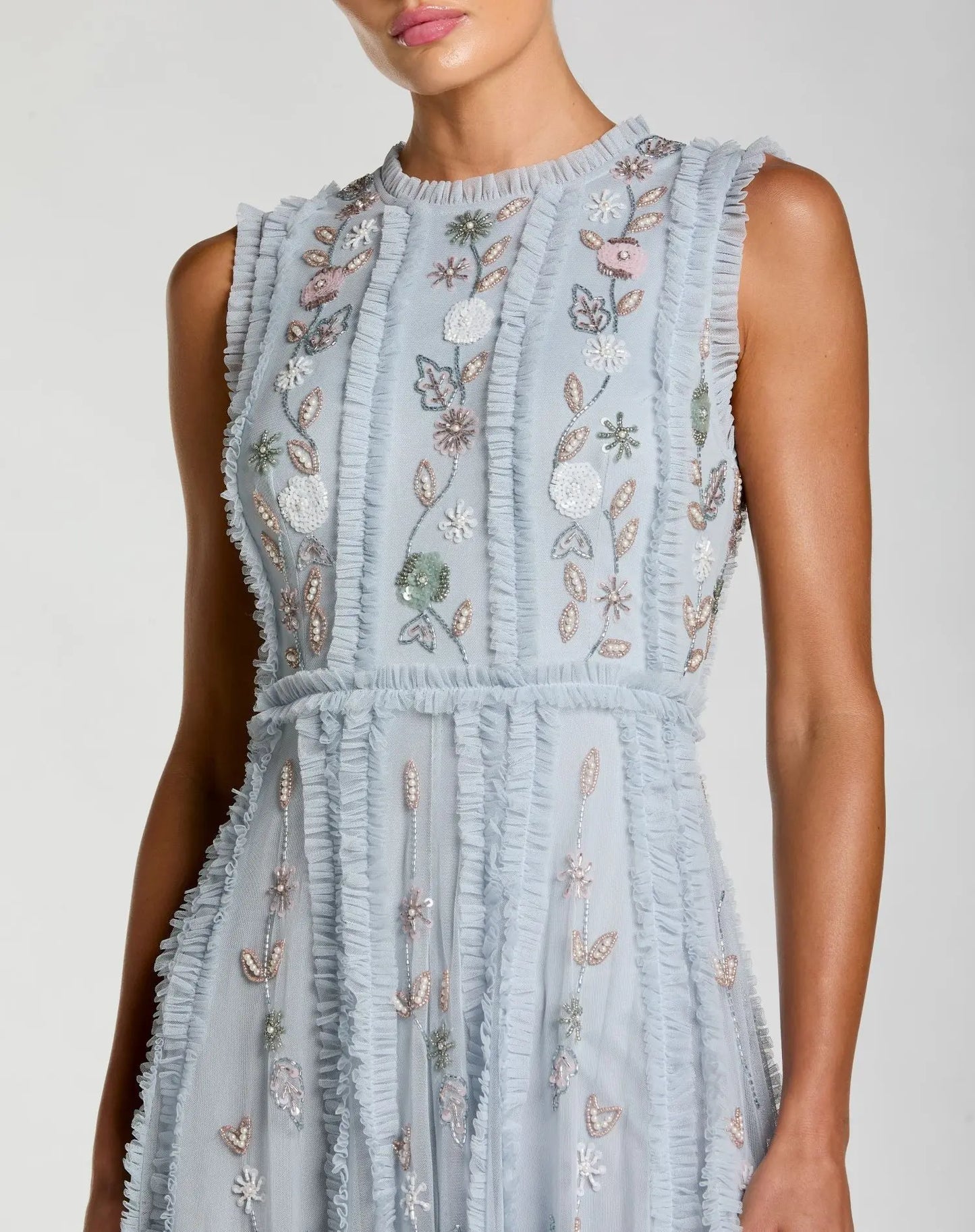 Blue Floral Mesh Sleeveless A Line Micro Ruffle Gown - Mac Duggal