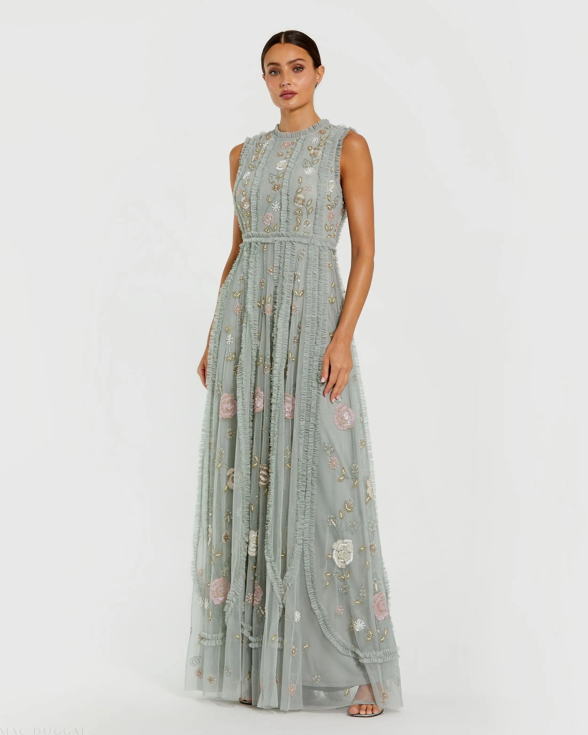 Green Floral Mesh Sleeveless A Line Micro Ruffle Gown | Mac Duggal Green Floral Mesh Sleeveless A Line Micro Ruffle Gown | Mac Duggal