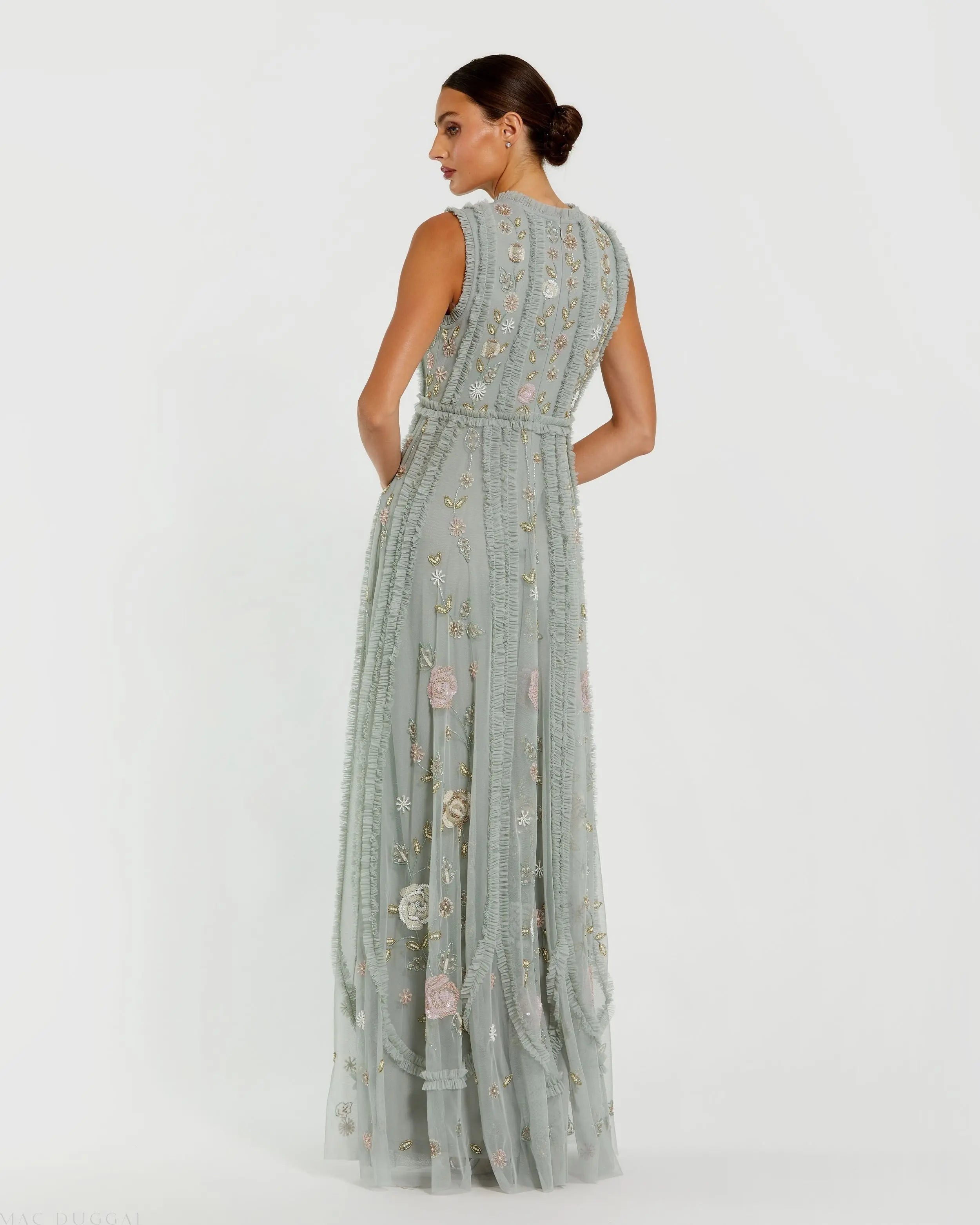 Green Floral Mesh Sleeveless A Line Micro Ruffle Gown - Mac Duggal