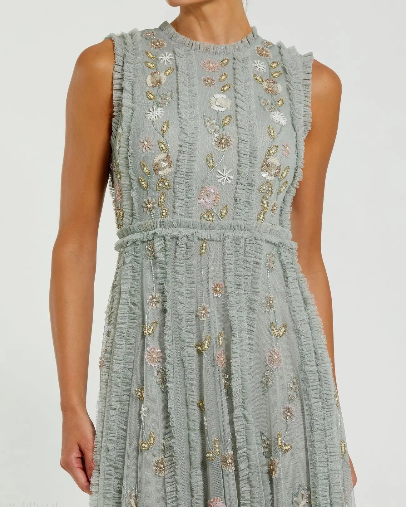 Green Floral Mesh Sleeveless A Line Micro Ruffle Gown - Mac Duggal