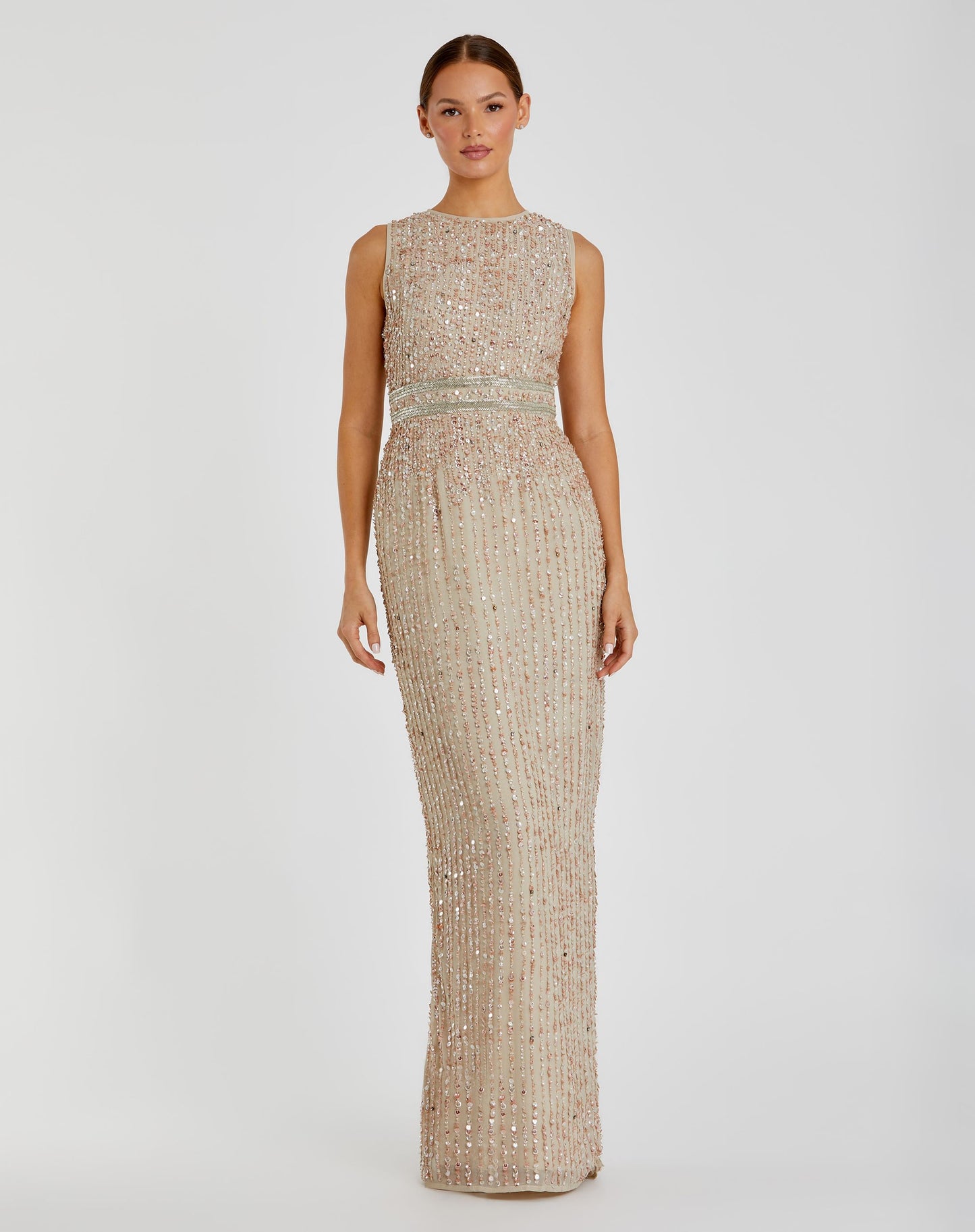 Sequined High Neck Sleeveless Column Gown