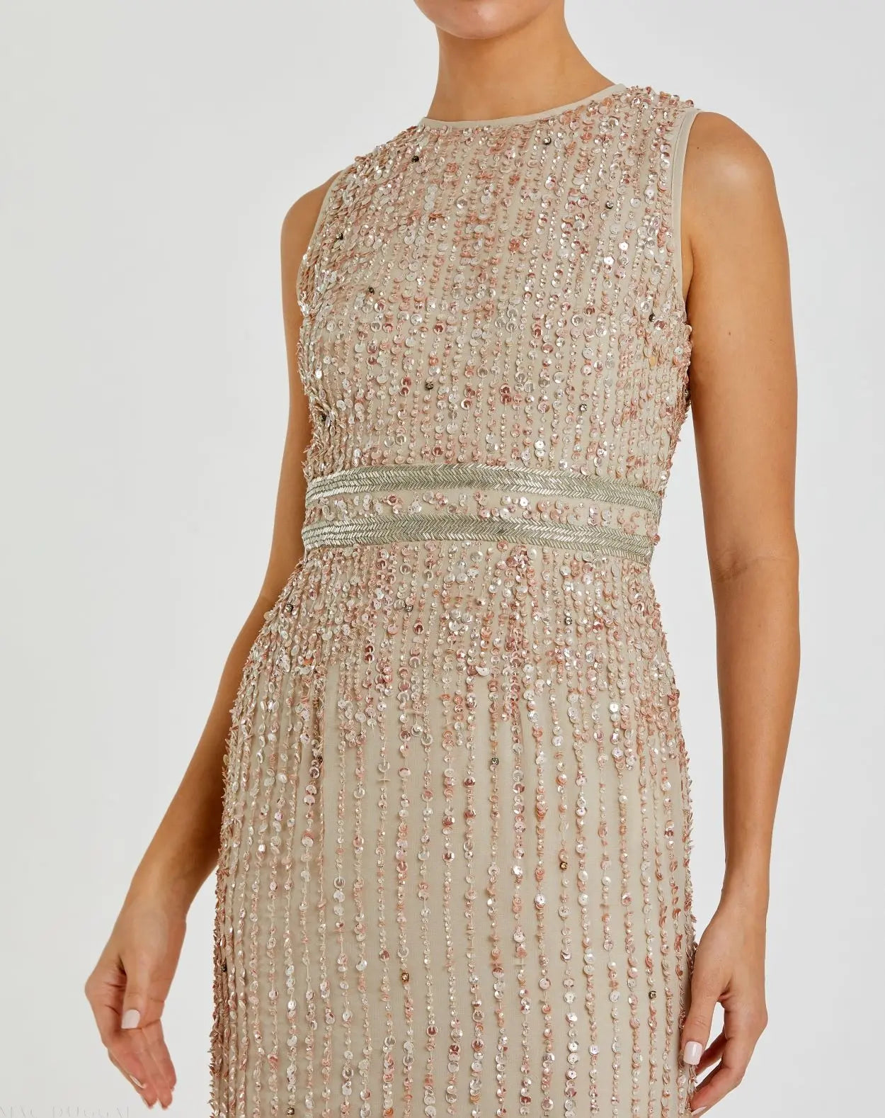 Beige Sequined High Neck Sleeveless Column Gown - Mac Duggal