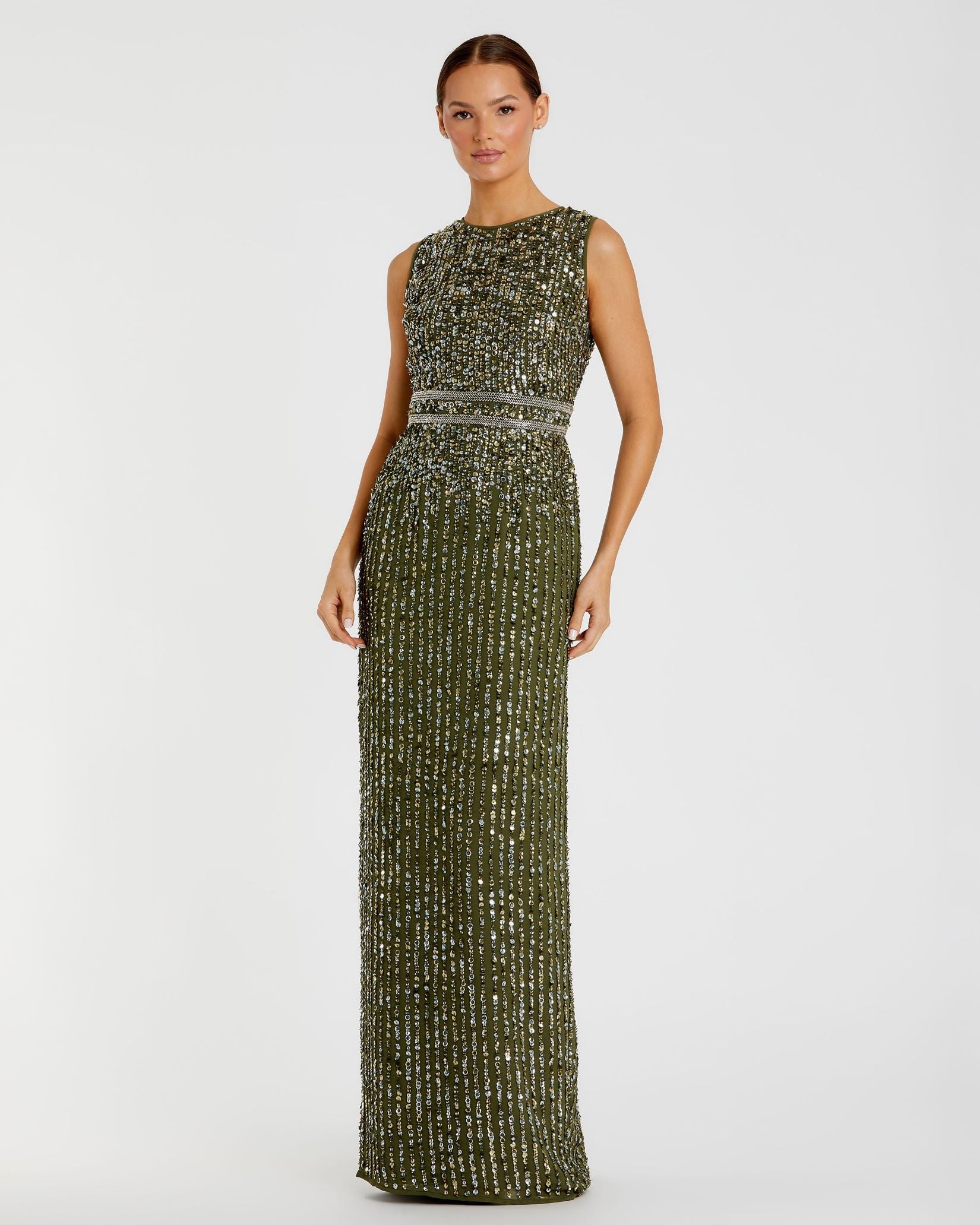 Sequined High Neck Sleeveless Column Gown