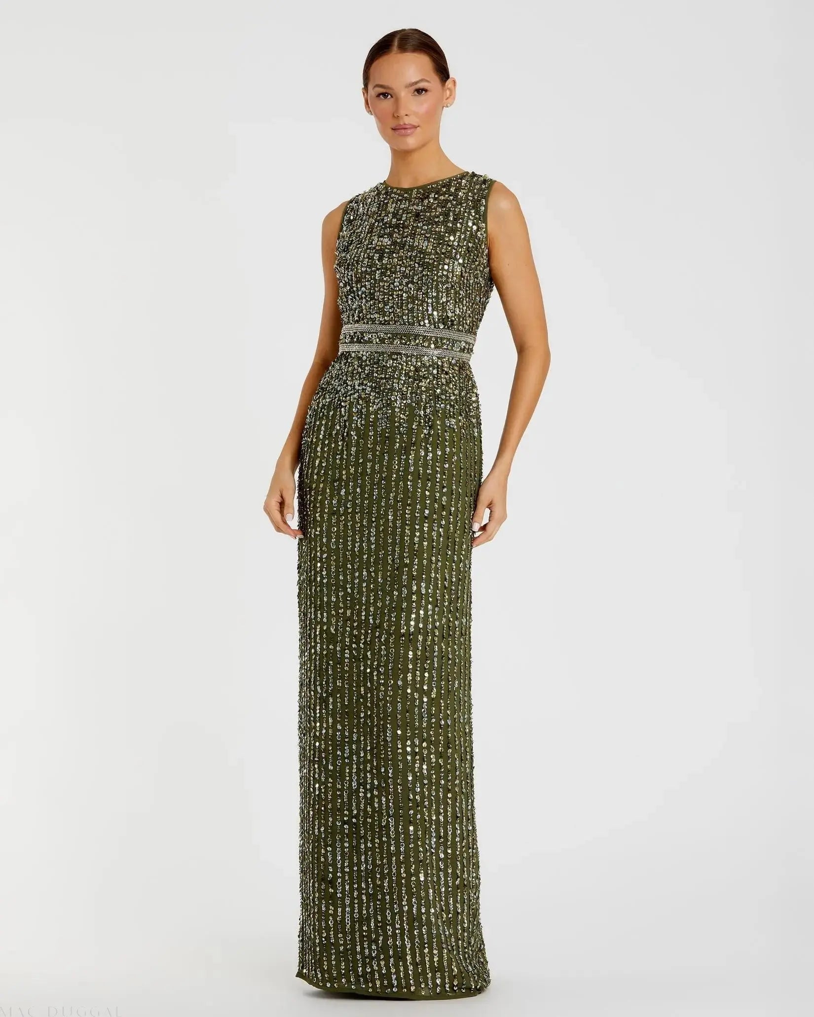 Green Sequined High Neck Sleeveless Column Gown Mac Duggal