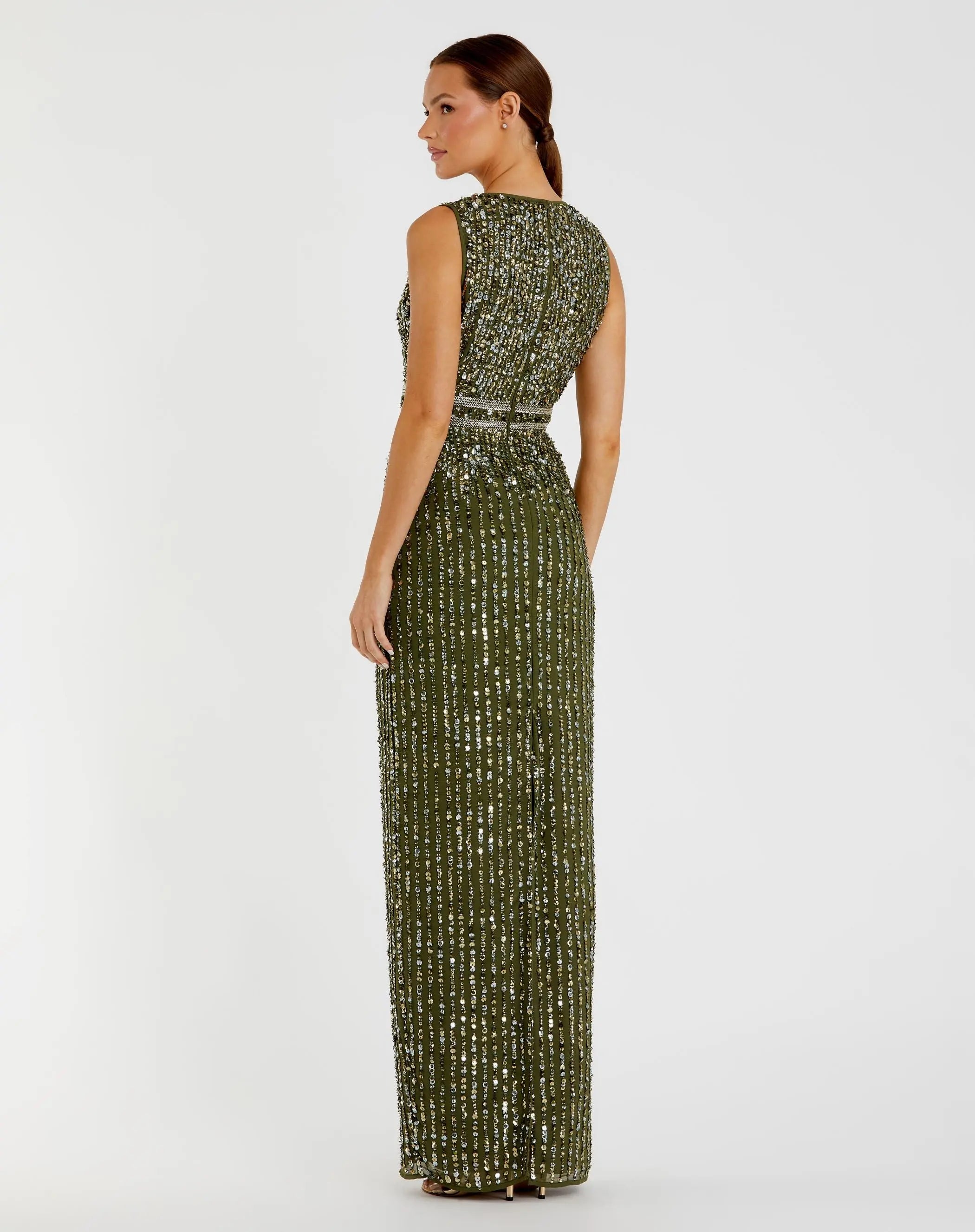 Green Sequined High Neck Sleeveless Column Gown Mac Duggal
