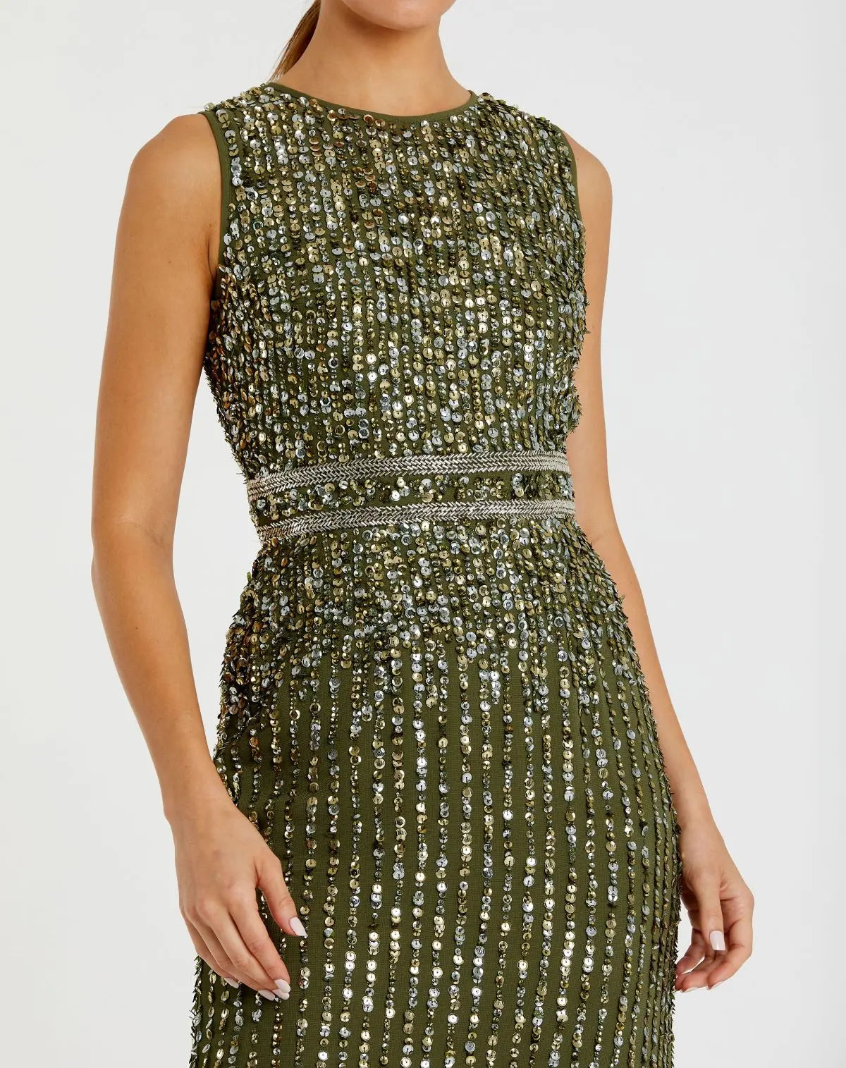 Green Sequined High Neck Sleeveless Column Gown Mac Duggal
