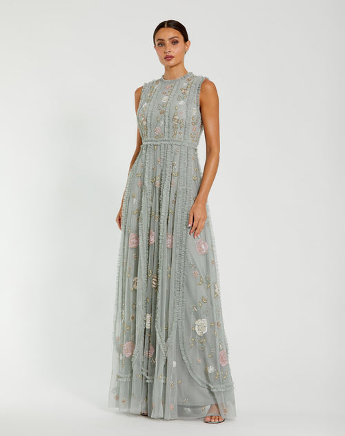 Floral Mesh Sleeveless A Line Micro Ruffle Gown