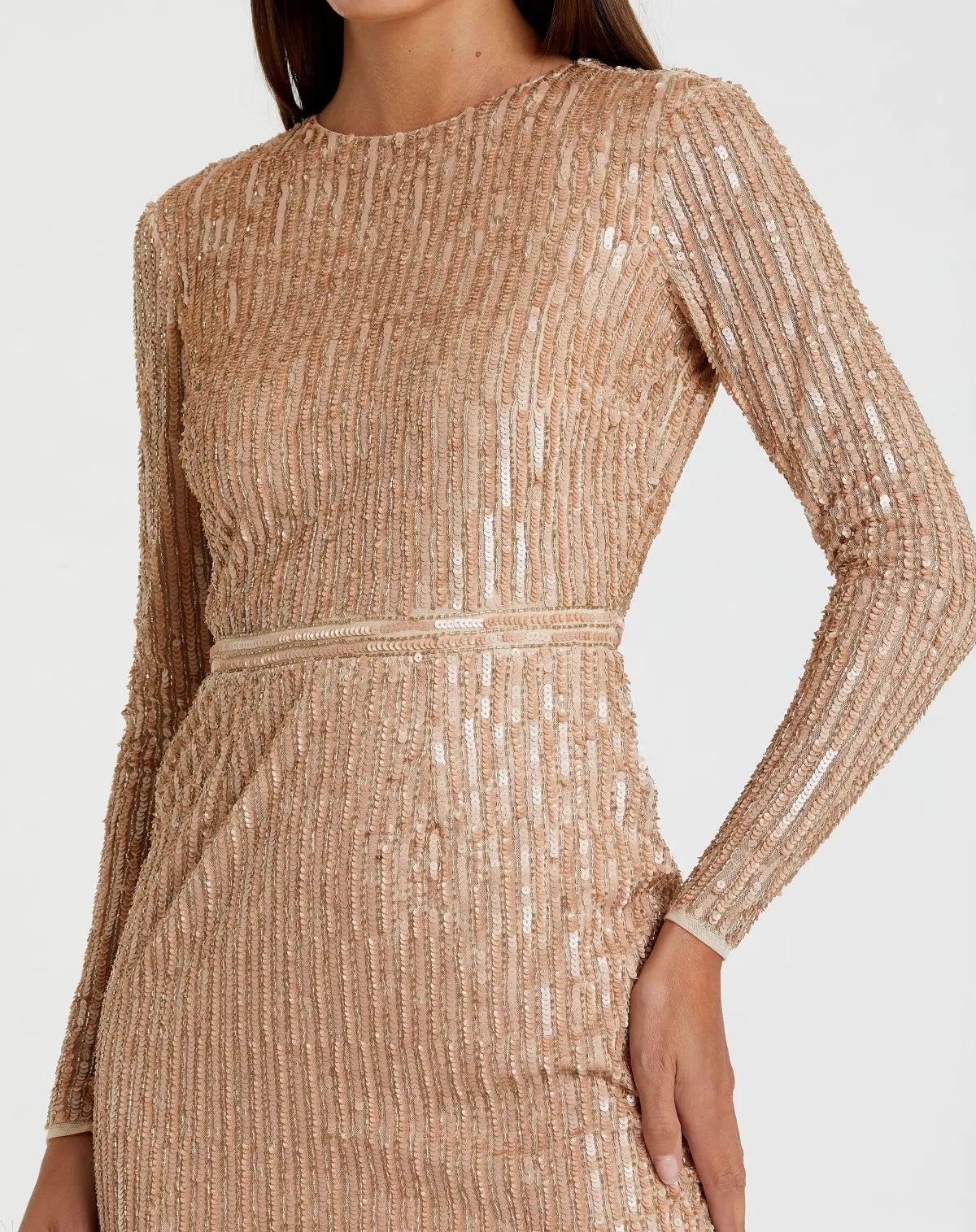 Beige Long Sleeve Sequin Mini Dress - Mac Duggal