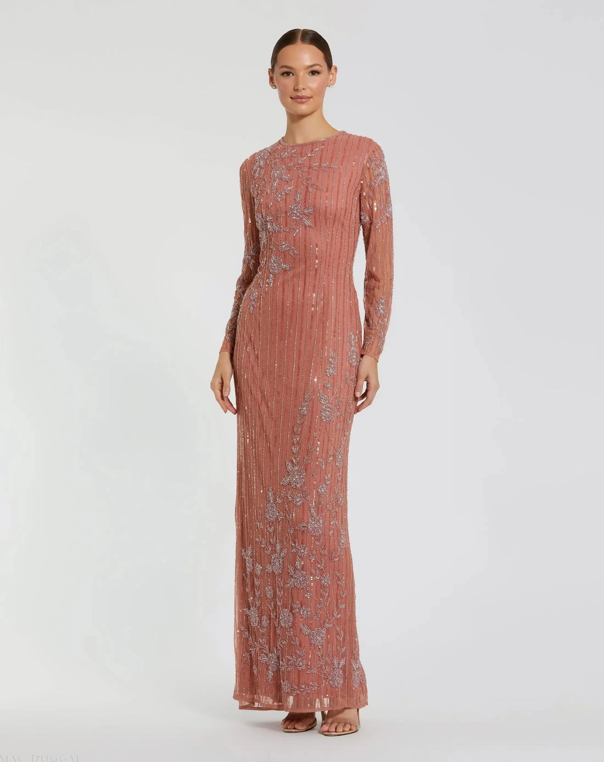 mac duggal embellished illusion long sleeve dress Navy Embellished Illusion Long Sleeve V-Neck A-Line Gown (Plus)