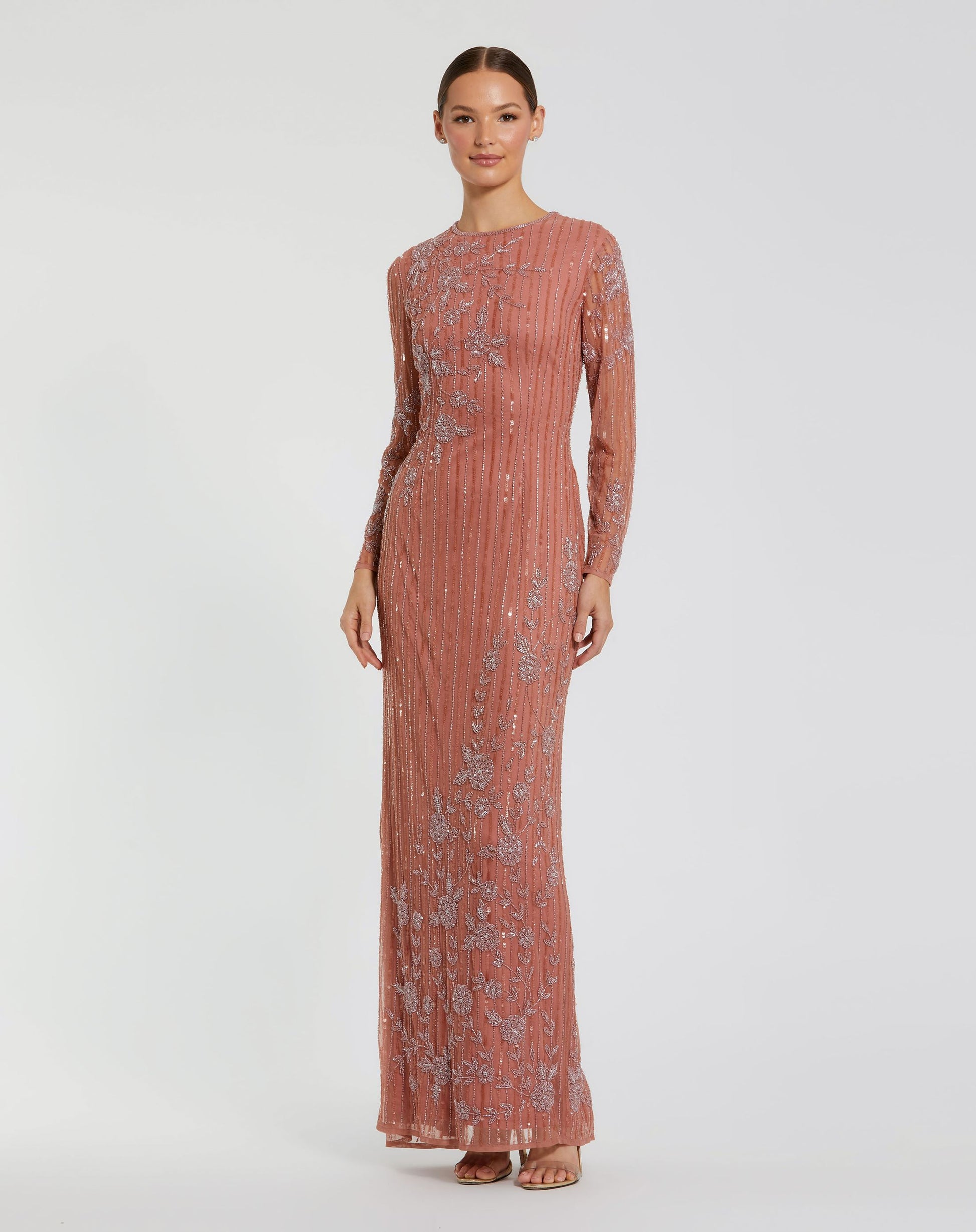 Embellished High Neck Illusion Long Sleeve Gown