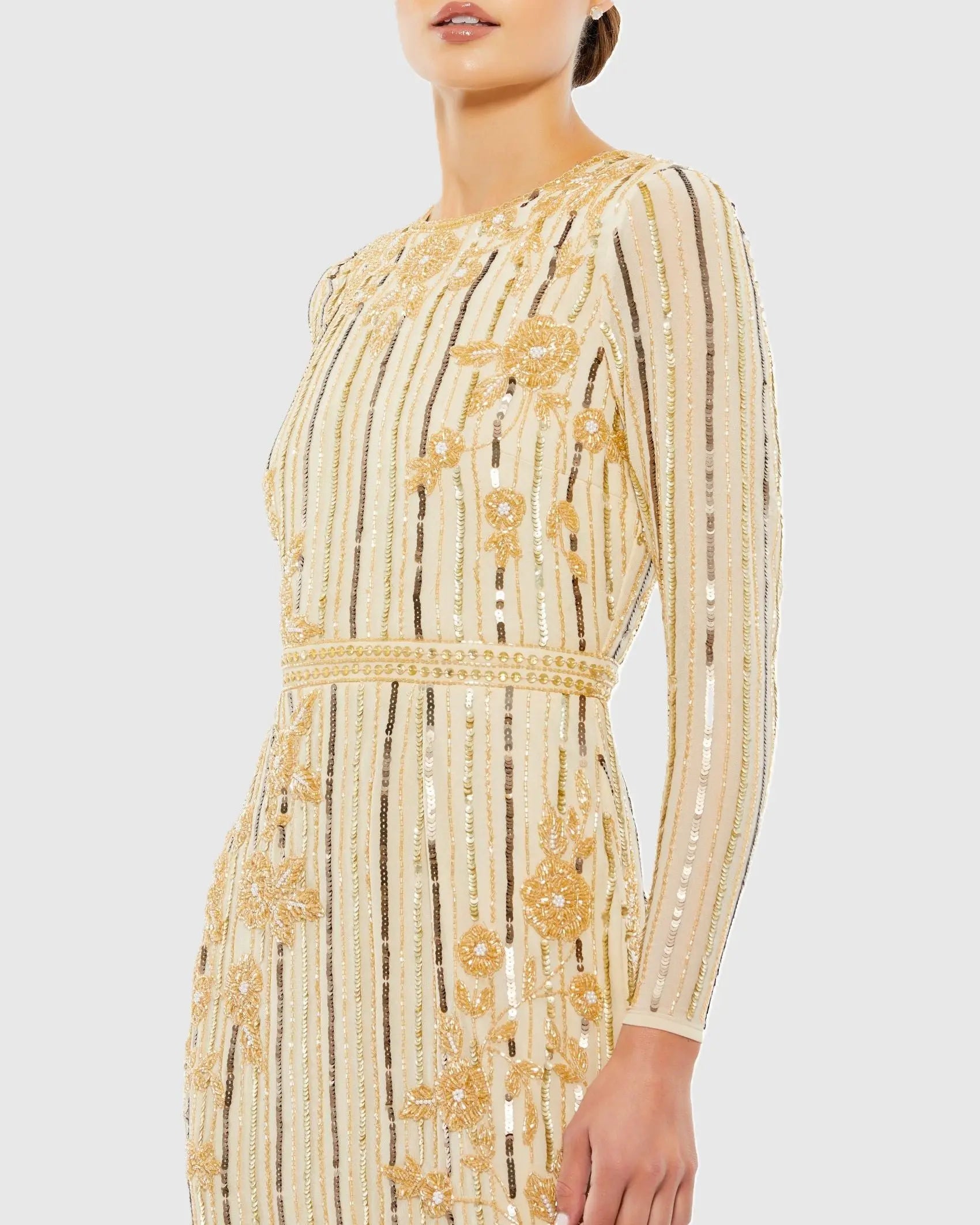 Gold Long Sleeve Embellished Tea Length Dress - Mac Duggal