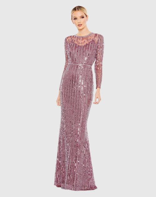 Sequined Illusion High Neck Long Sleeve Trumpet Gown