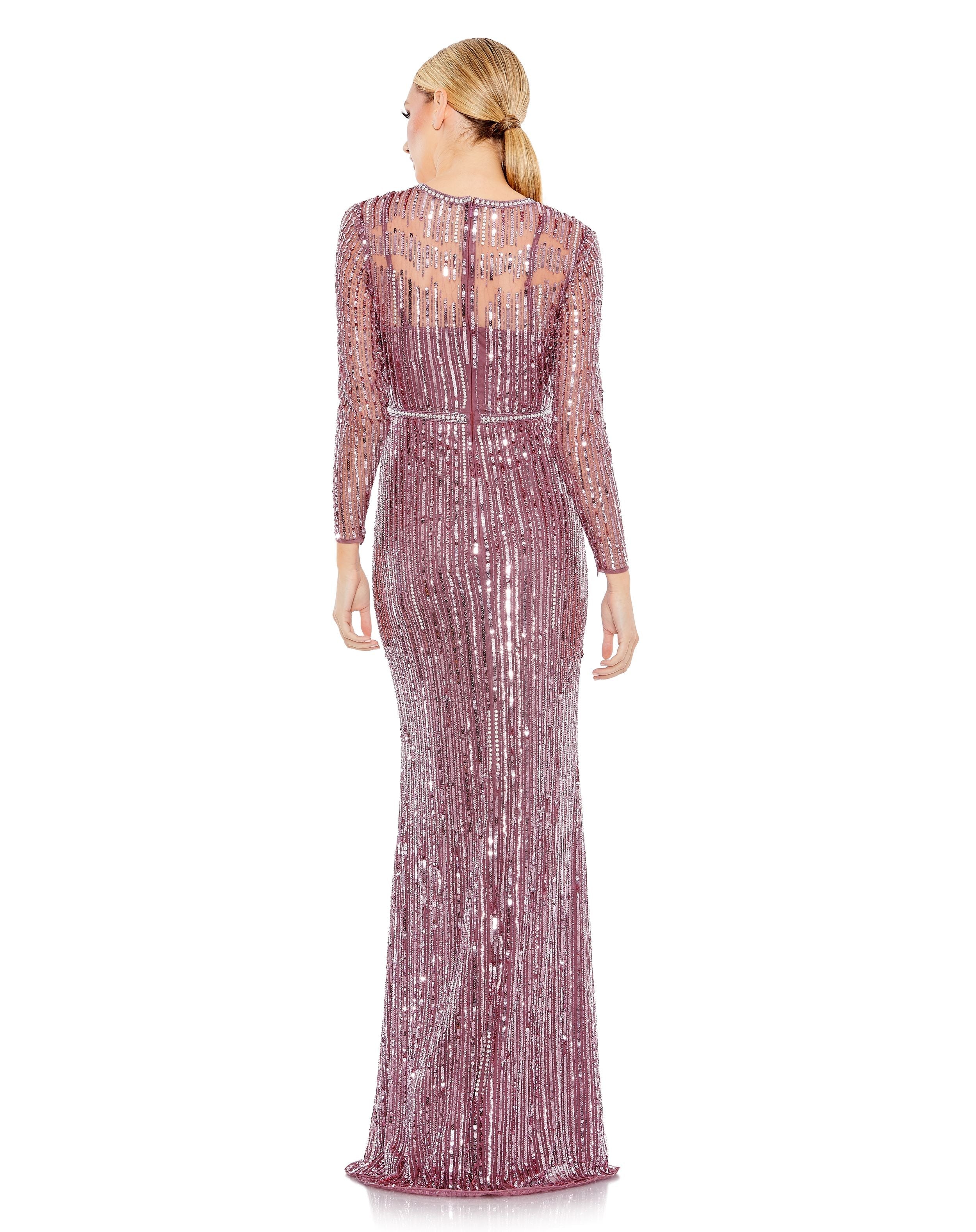 Sequined Illusion High Neck Long Sleeve Trumpet Gown