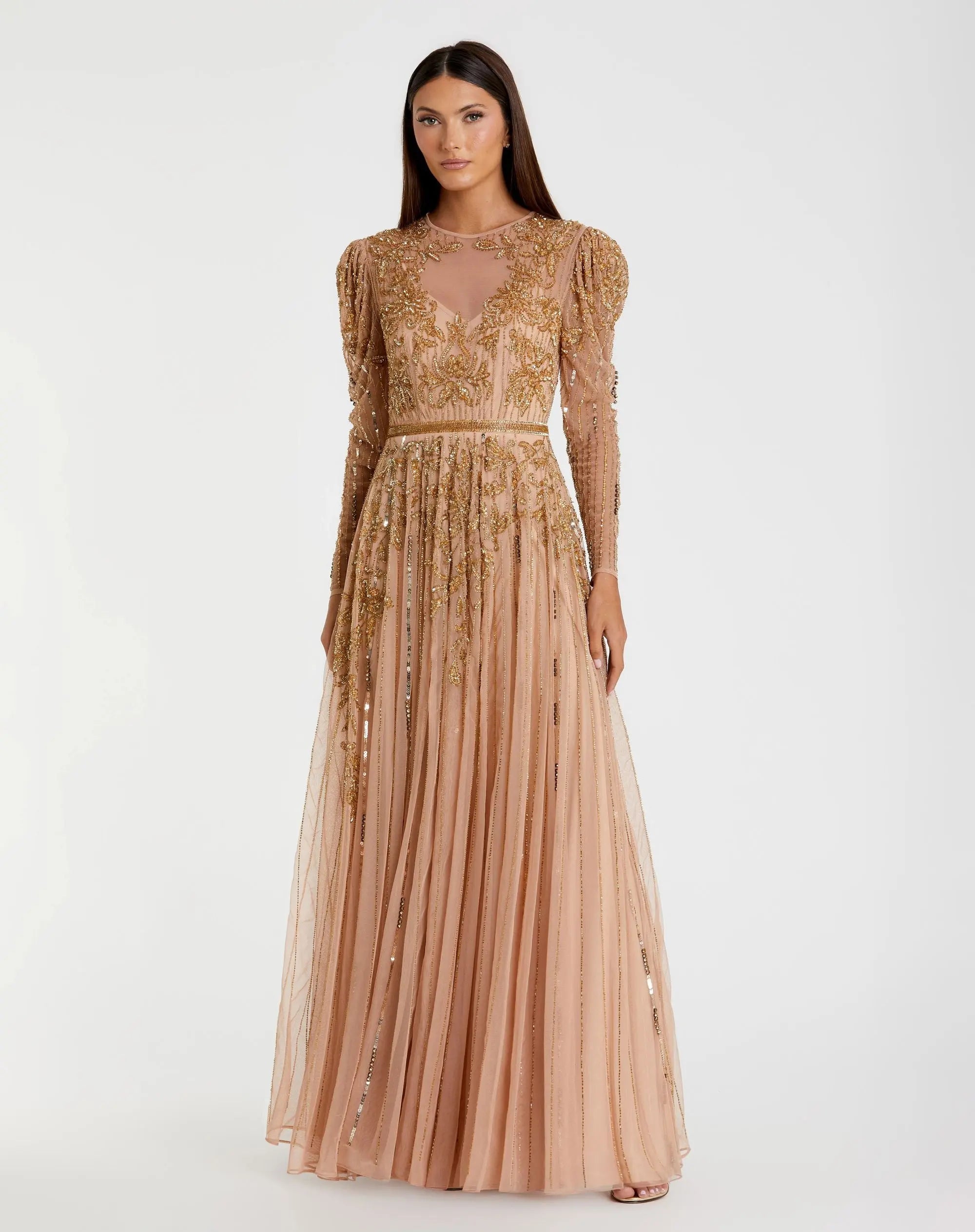 Pink and Gold Beaded Illusion Puff Sleeve Gown - Mac Duggal