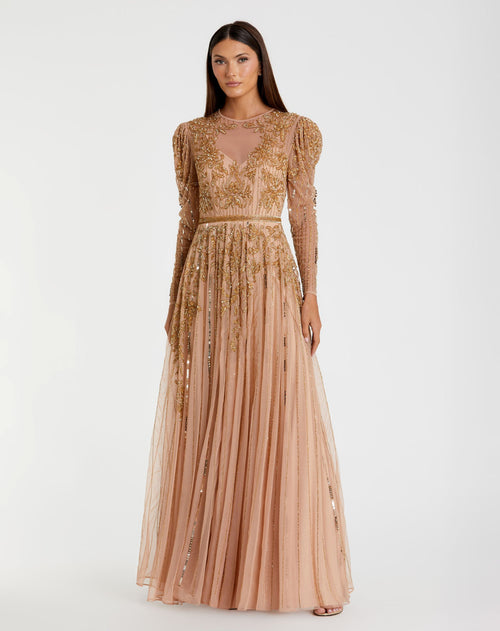 Beaded Illusion Puff Sleeve Gown