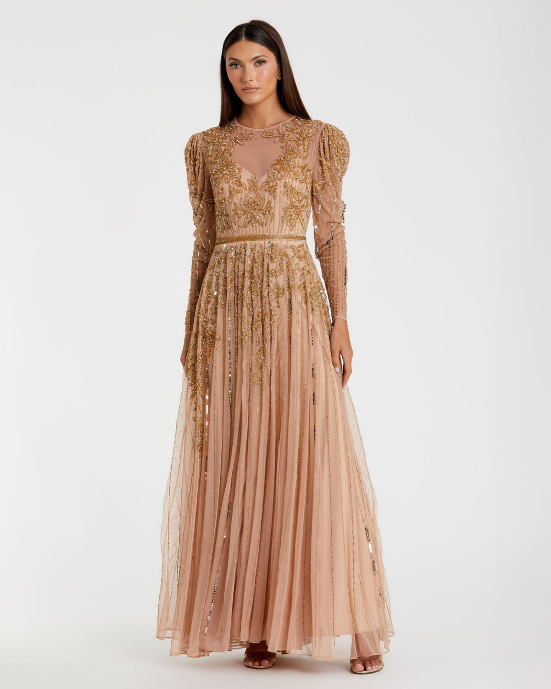 Beaded Illusion Puff Sleeve Gown