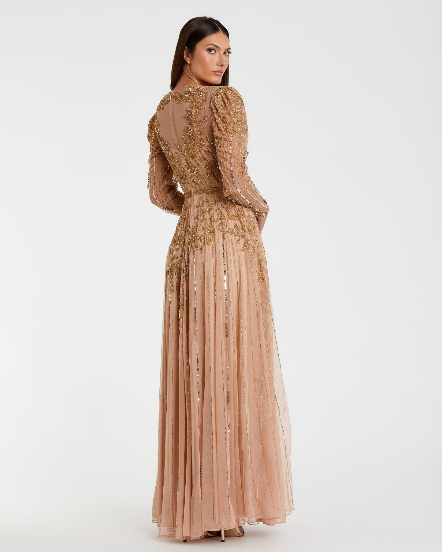 Beaded Illusion Puff Sleeve Gown