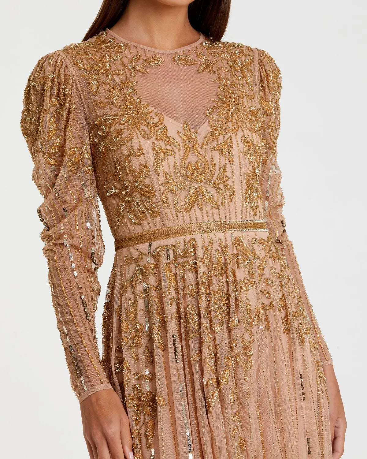 Pink and Gold Beaded Illusion Puff Sleeve Gown - Mac Duggal