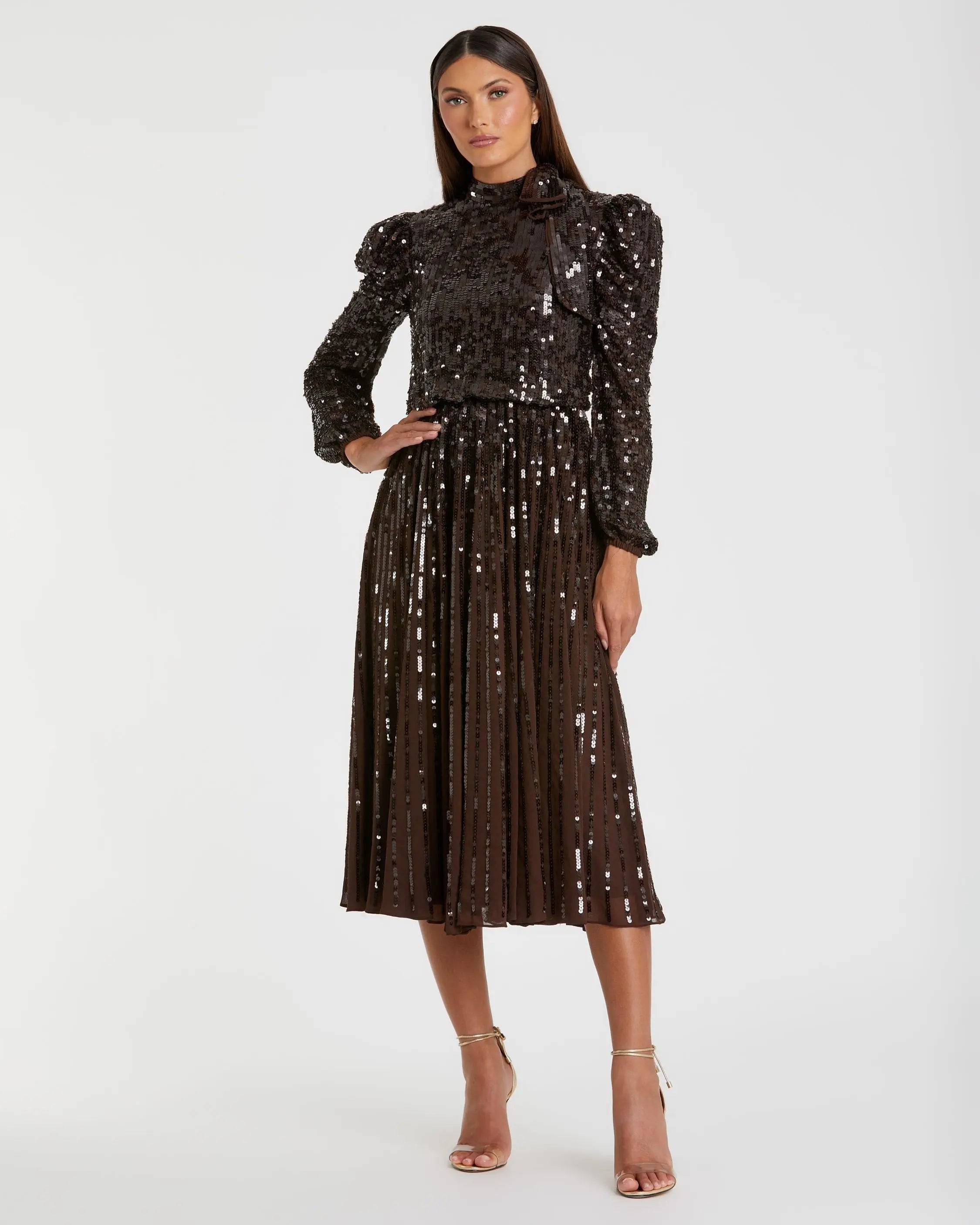 Brown Long Sleeve Sequin Tea Length Dress - Mac Duggal