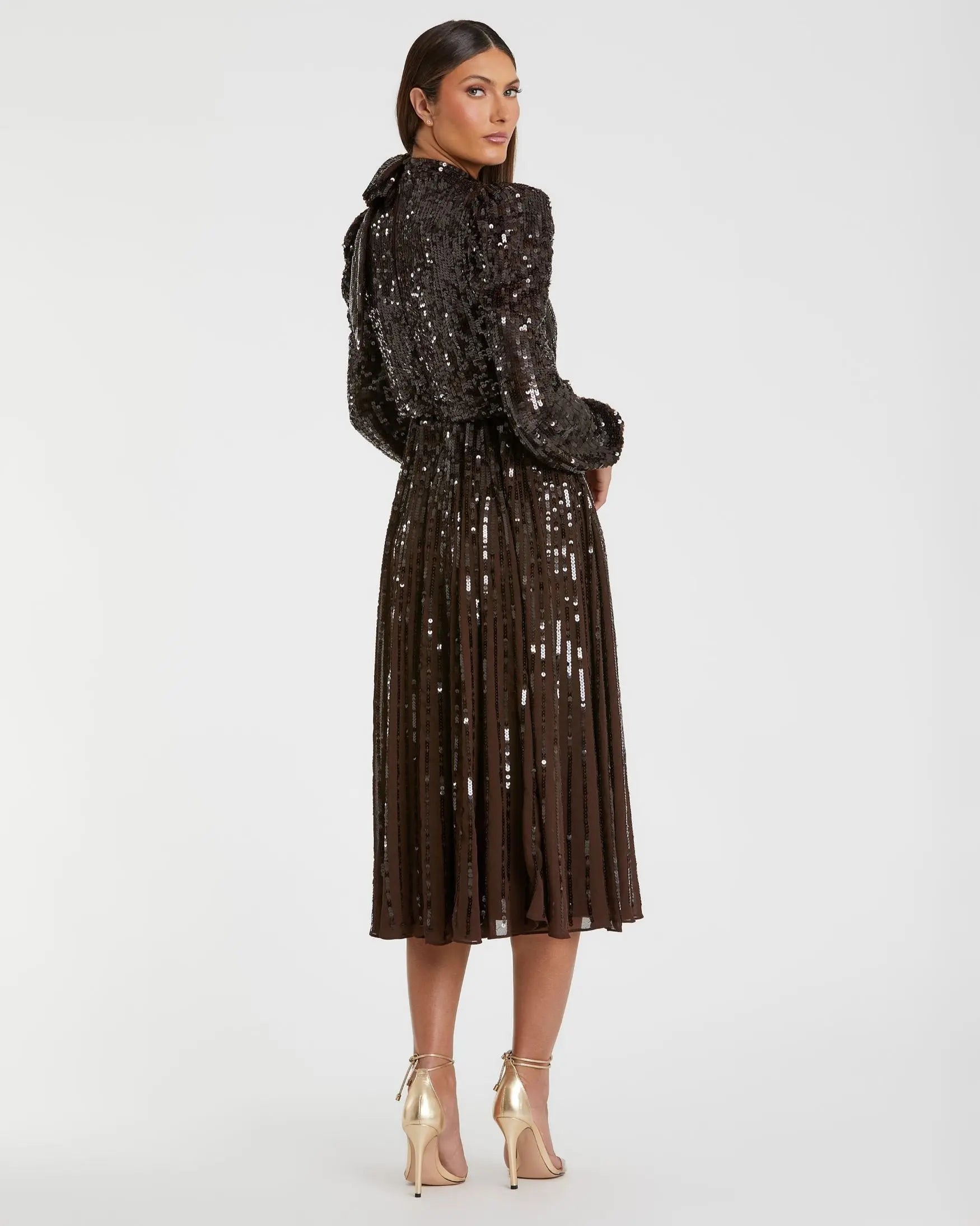 Brown Long Sleeve Sequin Tea Length Dress - Mac Duggal
