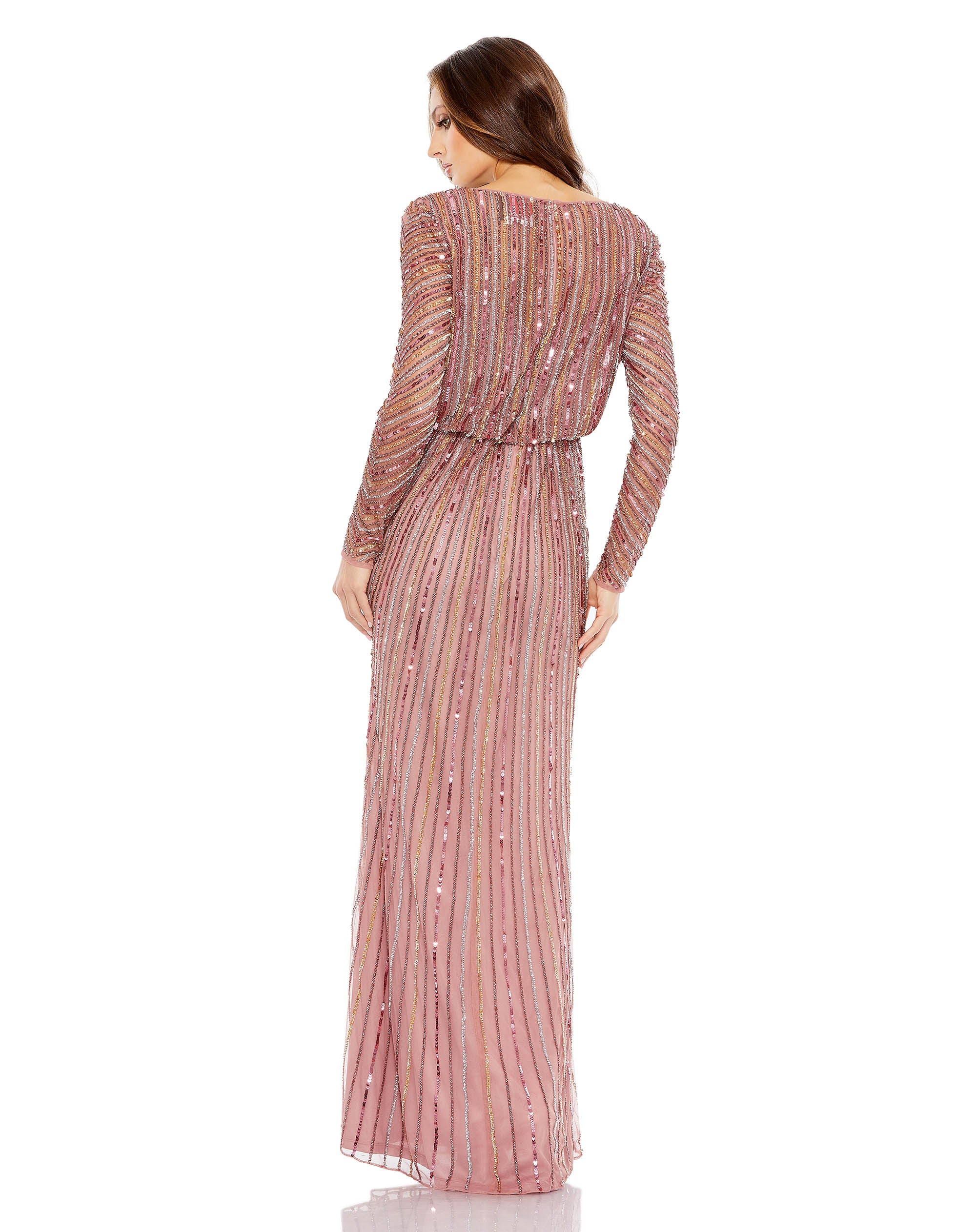 Sequined V Neck Long Sleeve Column Gown