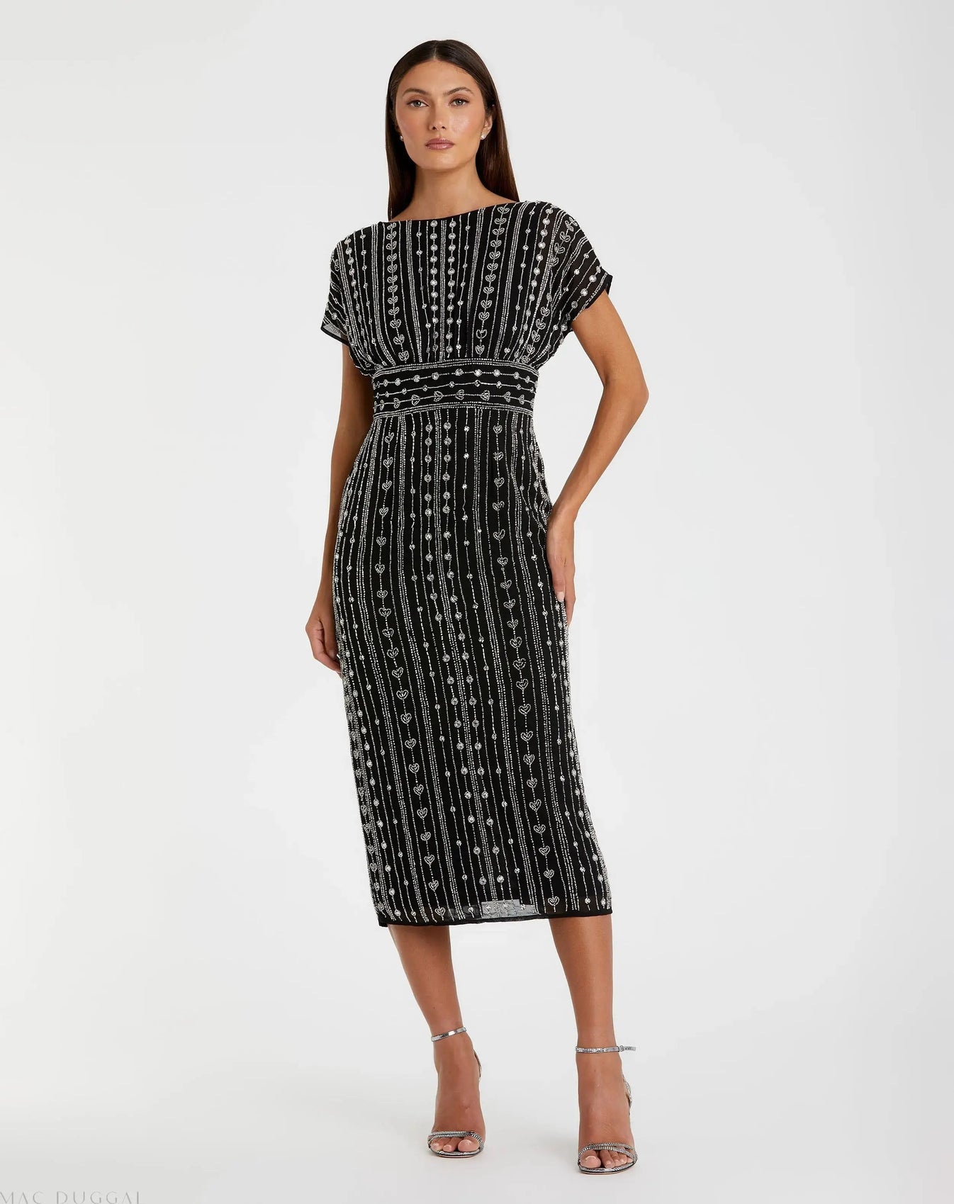 Black Beaded Cap Sleeve Sheath Midi Dress