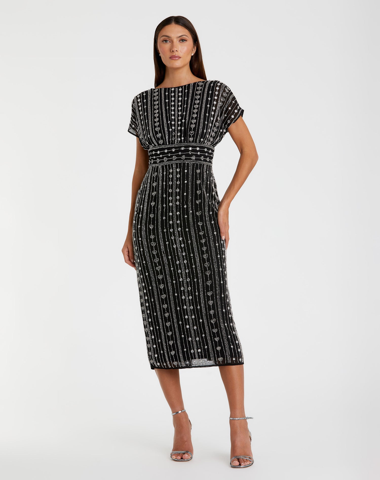 Beaded Cap Sleeve Column Midi Dress