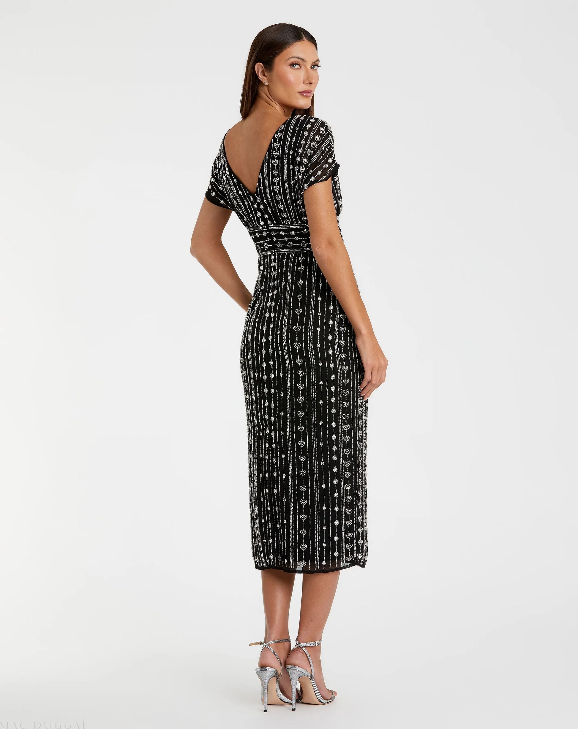 Black Beaded Cap Sleeve Sheath Midi Dress | Mac Duggal Black Beaded Cap Sleeve Sheath Midi Dress | Mac Duggal