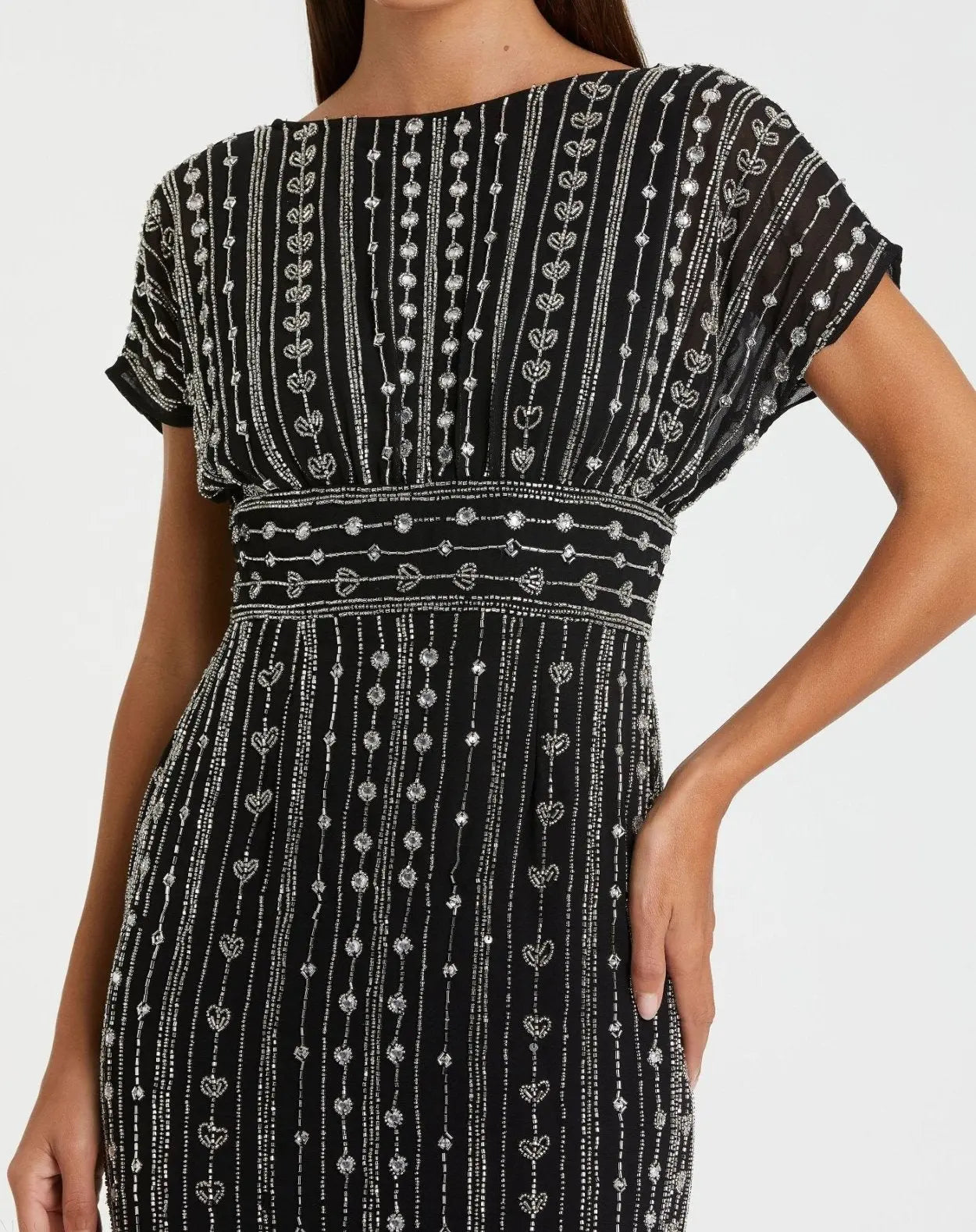 Mac Duggal - Black Beaded Cap Sleeve Empire Waist Sheath Midi Dress - US 20 Mac Duggal - Black Beaded Cap Sleeve Empire Waist Sheath Midi Dress - US 20