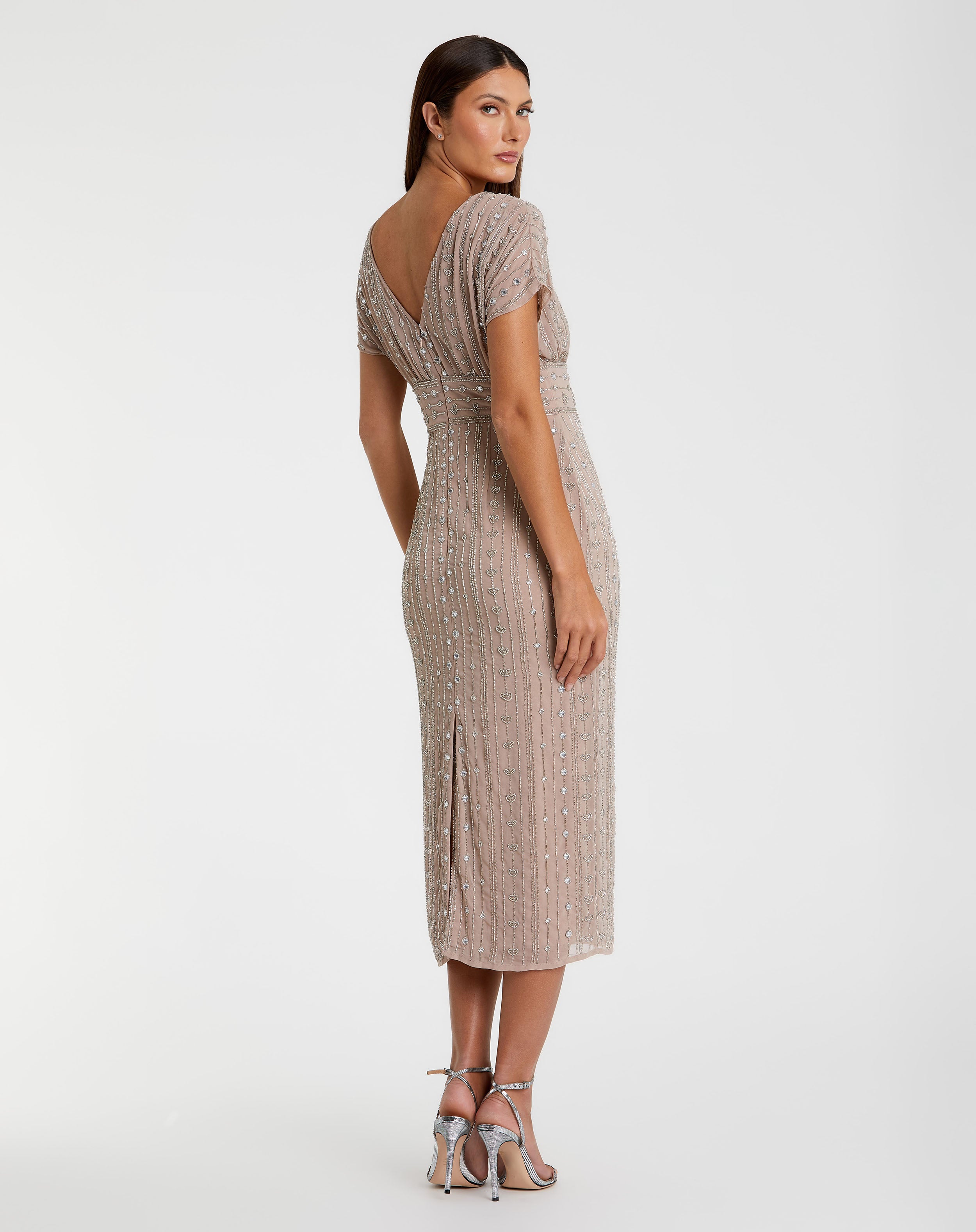 Beaded Cap Sleeve Column Midi Dress