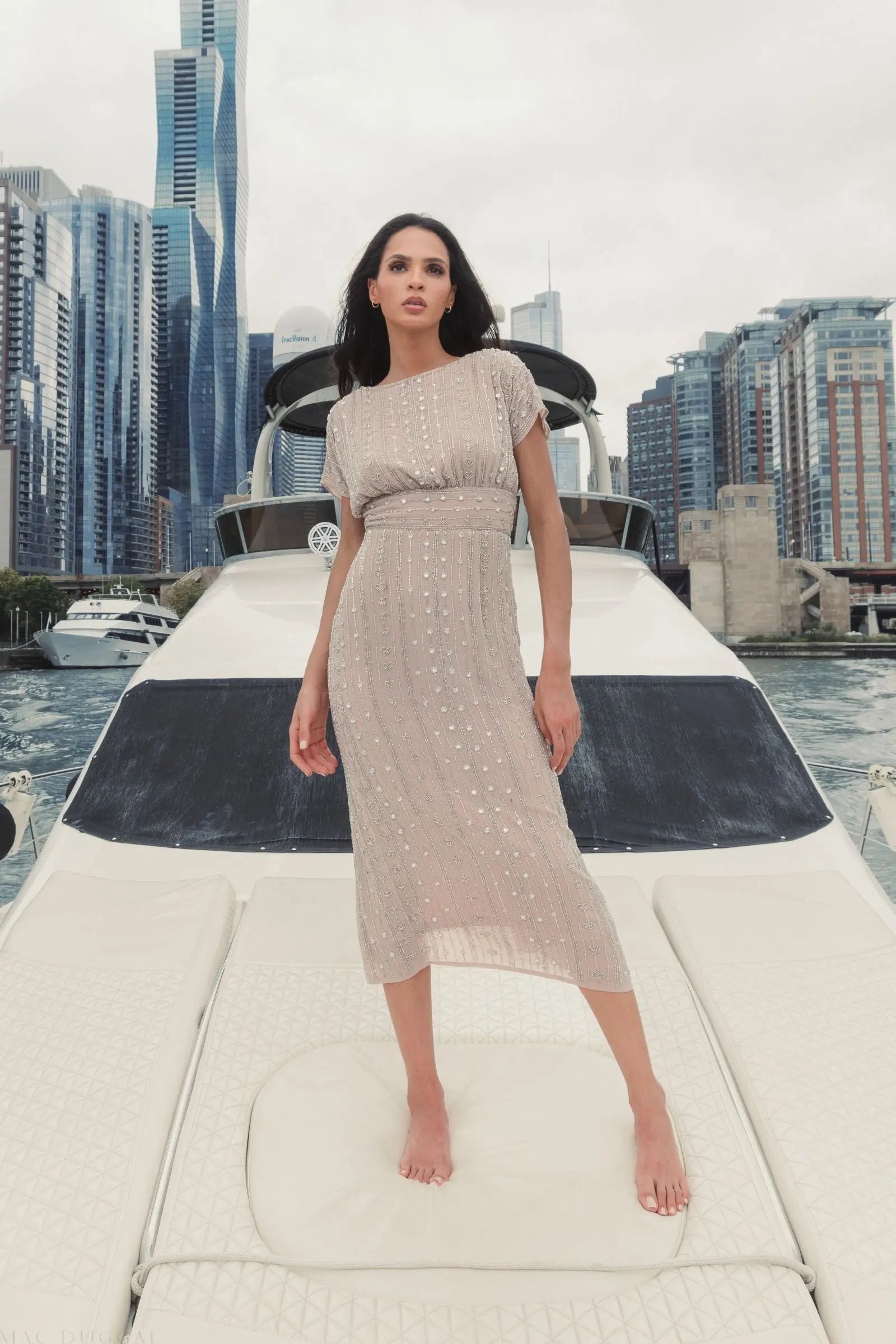 Beige Beaded Cap Sleeve Empire Waist Sheath Midi Dress - Mac Duggal