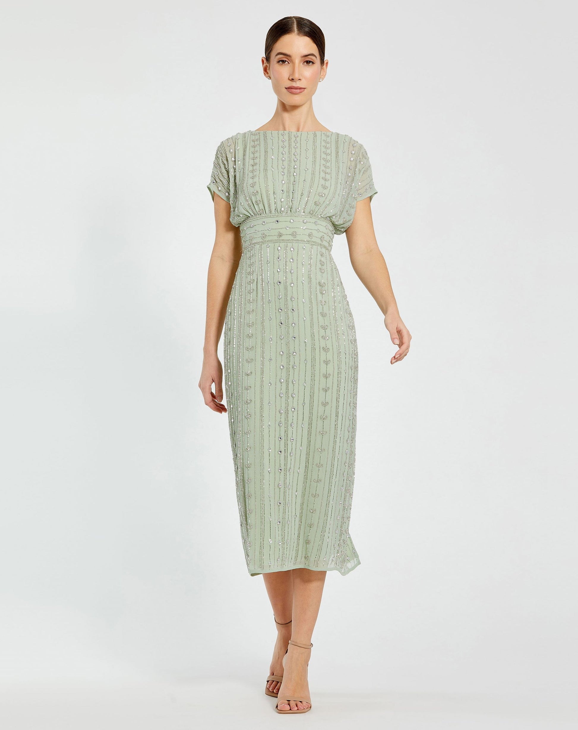 Beaded Cap Sleeve Column Midi Dress